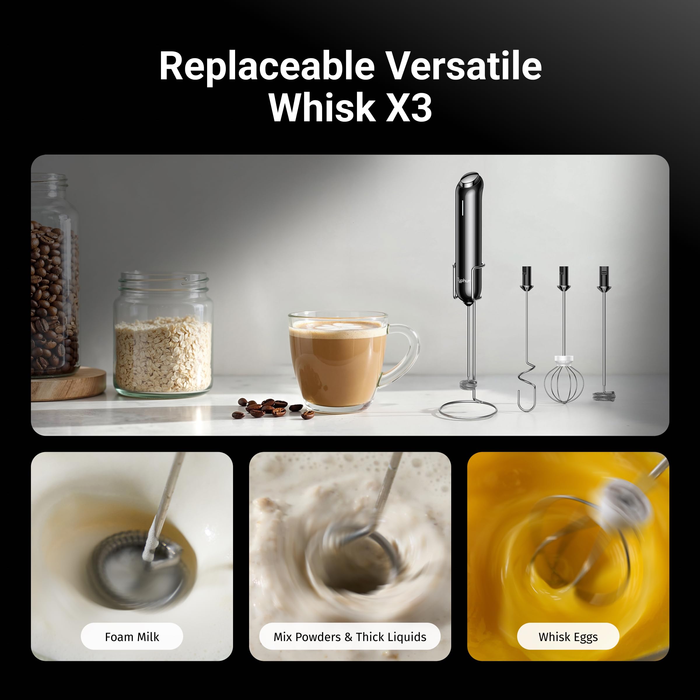 Typhur Mousseur à lait rechargeable avec support, baguette à café électrique portable et fouet en mousse pour latte, cappuccino, matcha, lait d'amande, milkshakes protéinés (3 fouets inclus)