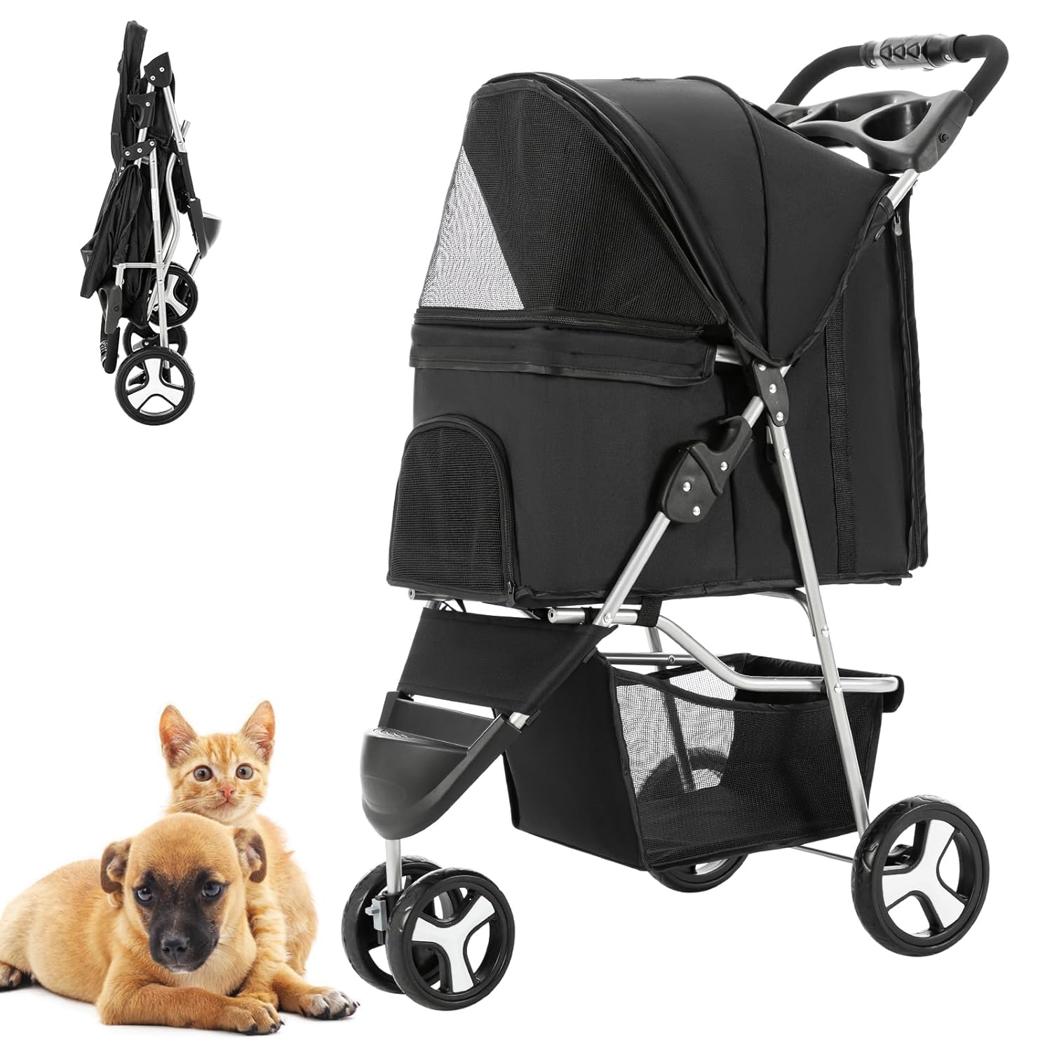 Pet Stroller for Medium Small Dogs & Cats, One-Hand Folding Portable Travel Cat Dog Stroller with Large Storage Basket and Cup Holder, 3 Wheels, Black