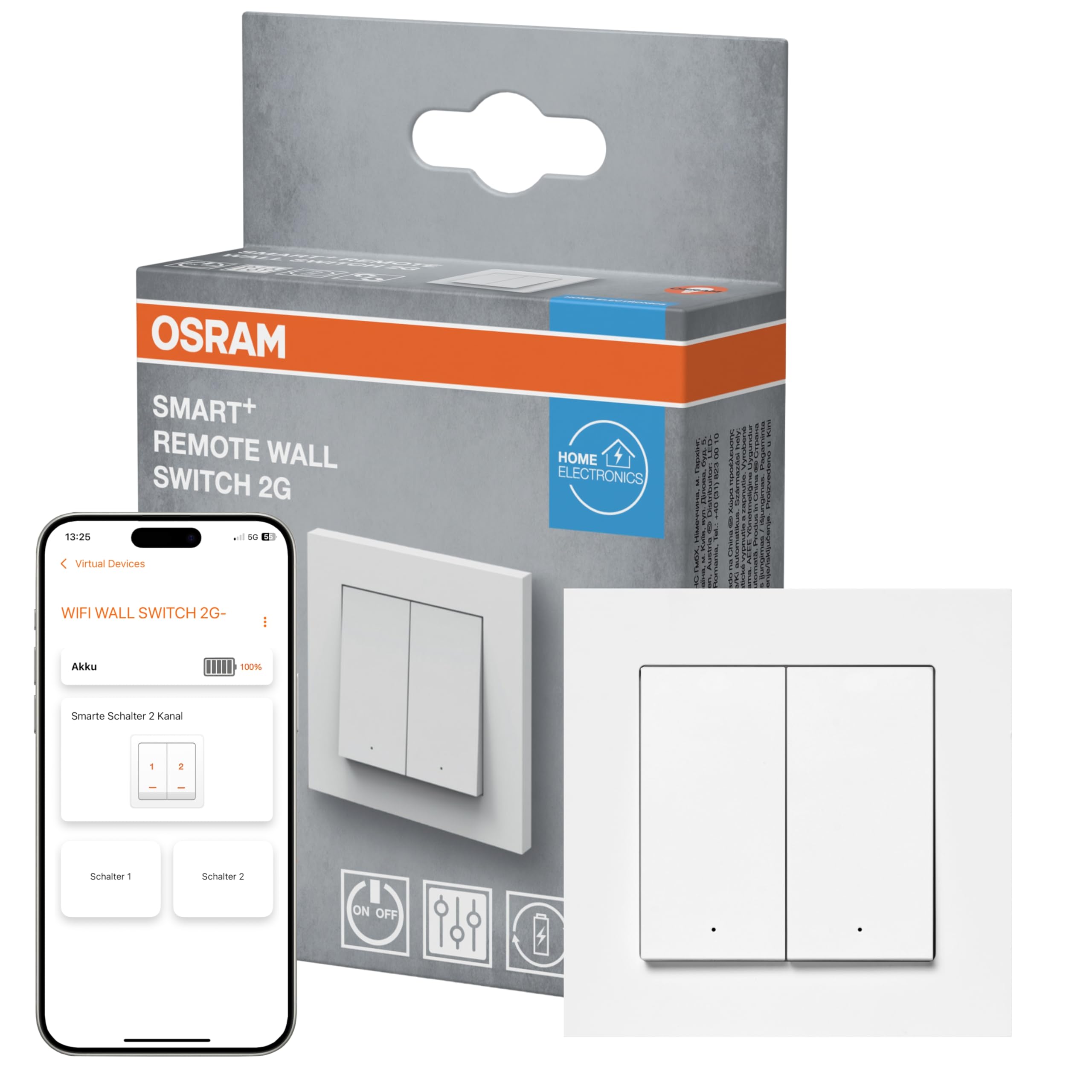 OSRAM SMART+ WiFi Wandschalter 2 Tasten, magnetisch, USB-C aufladbar, 6 Monate Laufzeit, Alexa kompatibel, Weiß