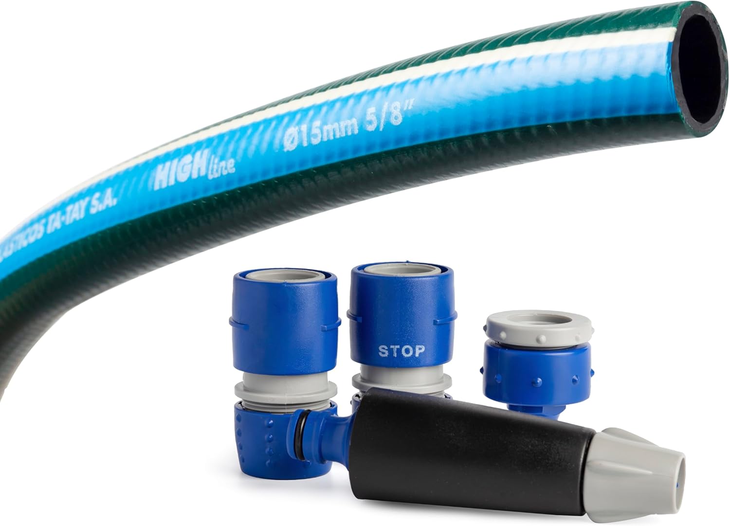 TATAY High Line Garden Hose Set 15 m Diameter 5/8 Inch 15 mm, 3 Layers, Made in Spain, Resistance 25 Bar and +40°/-10°, Knitted, Cadmium and Lead Free, BPA-Free, Anti-UV. Colour: Green