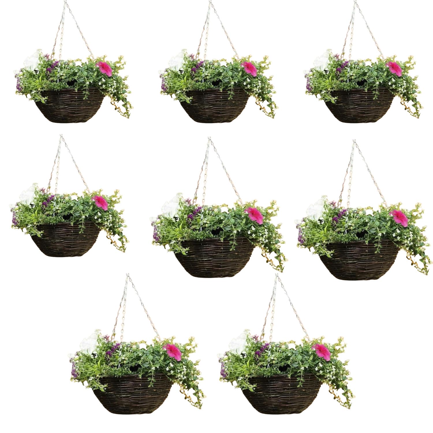 Garden Mile Set of 8 12” Hanging Flower Baskets – Dark Rattan Wicker Planters with Liner & 16" Chain – Outdoor Hanging Plant Pots for Garden, Balcony & Patio Décor