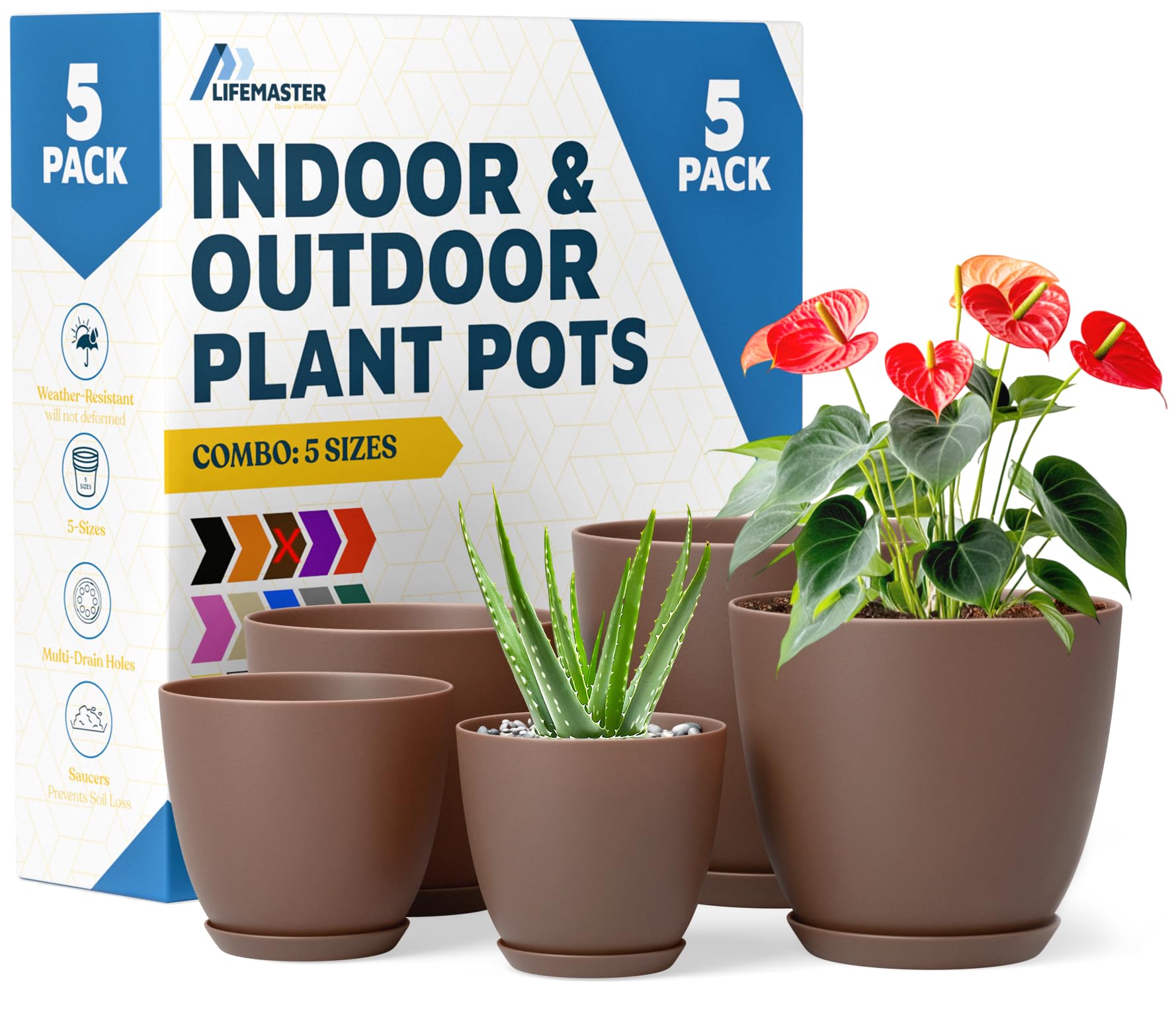 Lifemaster Planter Pots with Drainage Holes, Lightweight, Durable & Space-Saving Pots for Indoor and Outdoor