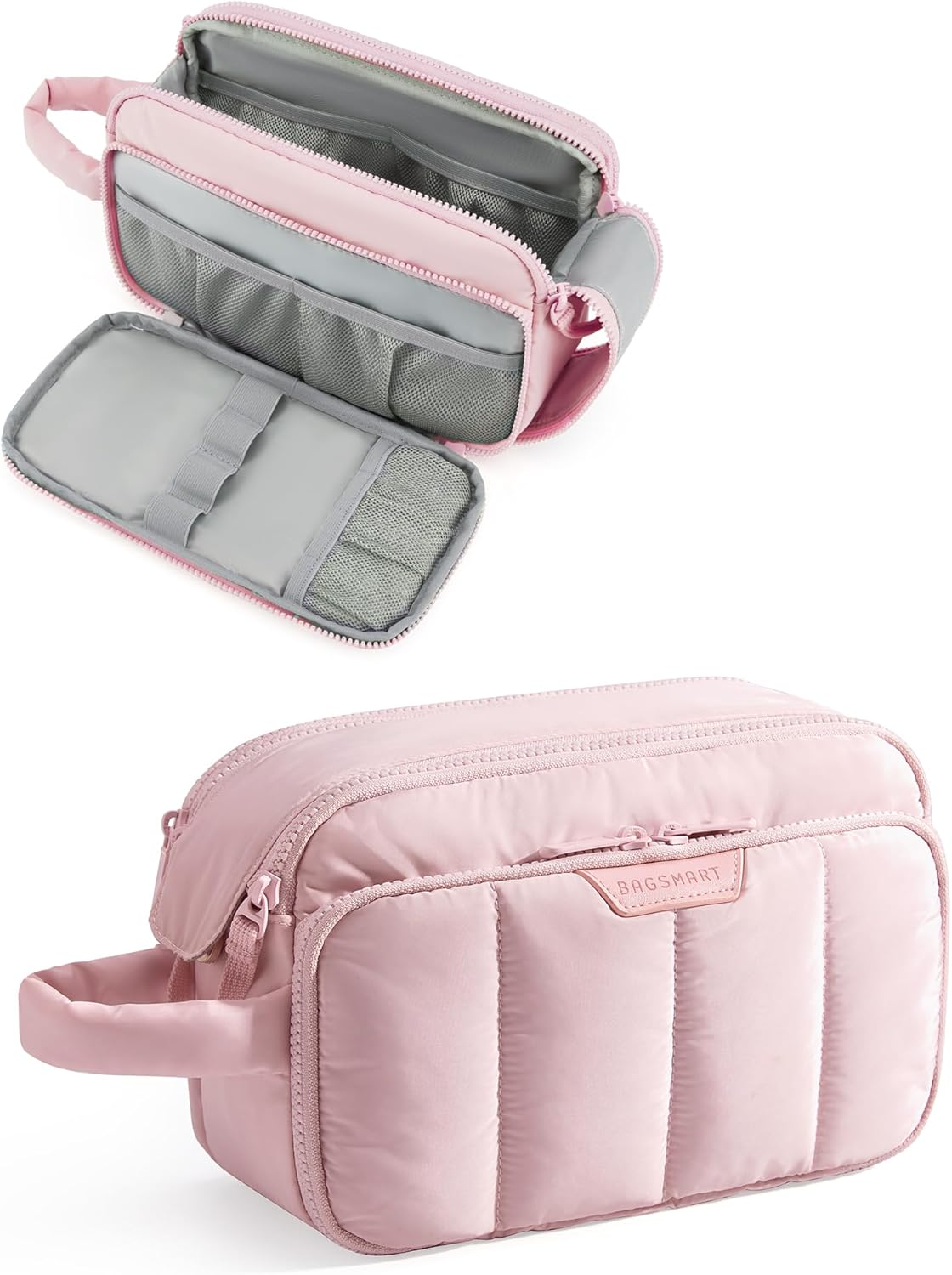 BAGSMART Travel Makeup Bag Organizer, Puffy Make Up Bag, Cosmetic Organizer Case for Travel Essentials Toiletries Accessories Bottles, Brushes (Pink)