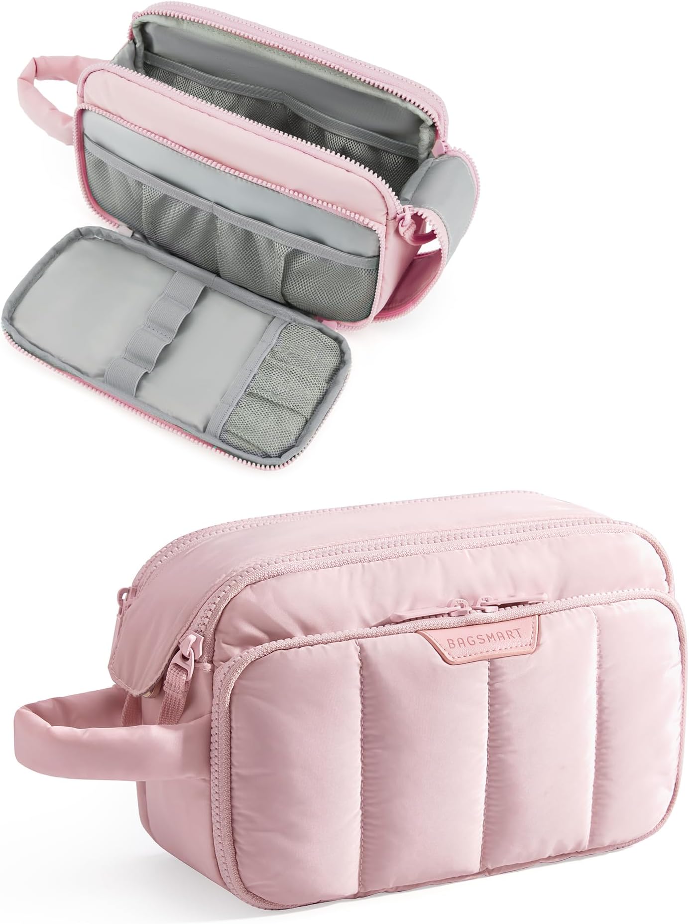 BAGSMART Travel Makeup Bag Organizer, Puffy Make Up Bag, Cosmetic Organizer Case for Travel Essentials Toiletries Accessories Bottles, Brushes (Pink)
