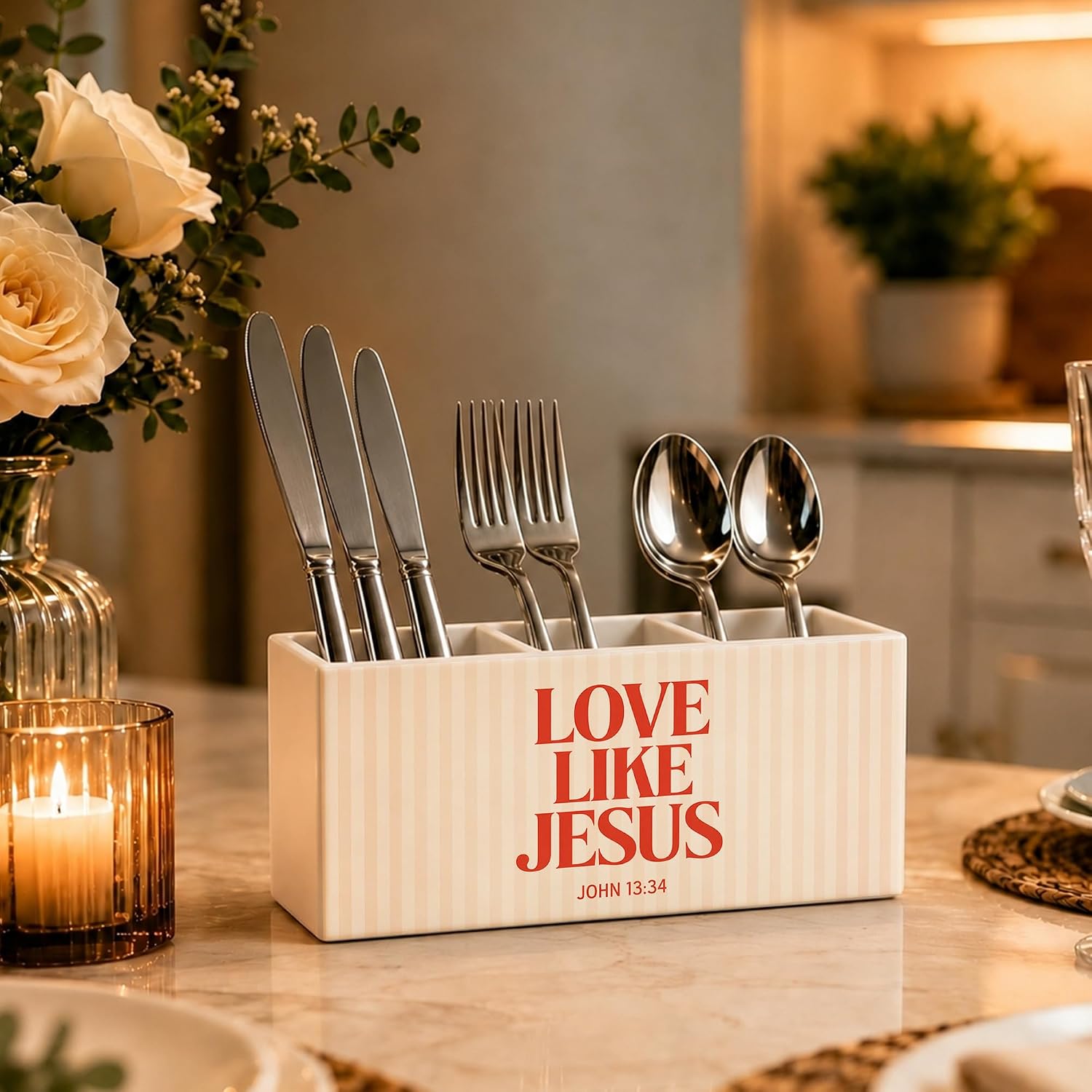 Love Like Jesus Christian Wood Pencil Pen Holder for Desk, Orange Striped John 13:34 Bible Verse Wooden Desk Organizer and Accessories for Home Office image 5