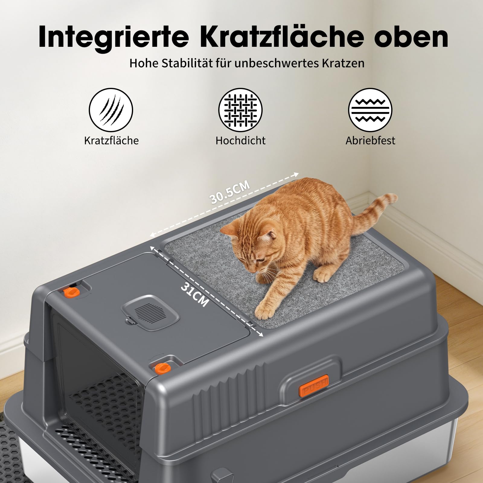 Edelstahl Katzentoilette Geschlossen XXXL Kratzmatte Oben, Dunkelgrau | Großer Klappdeckel, Aktivkohlefilter, Geruchskontrollierend, Leicht Zu Reinigen, Kratzfest, Stabil Für Große Katzen