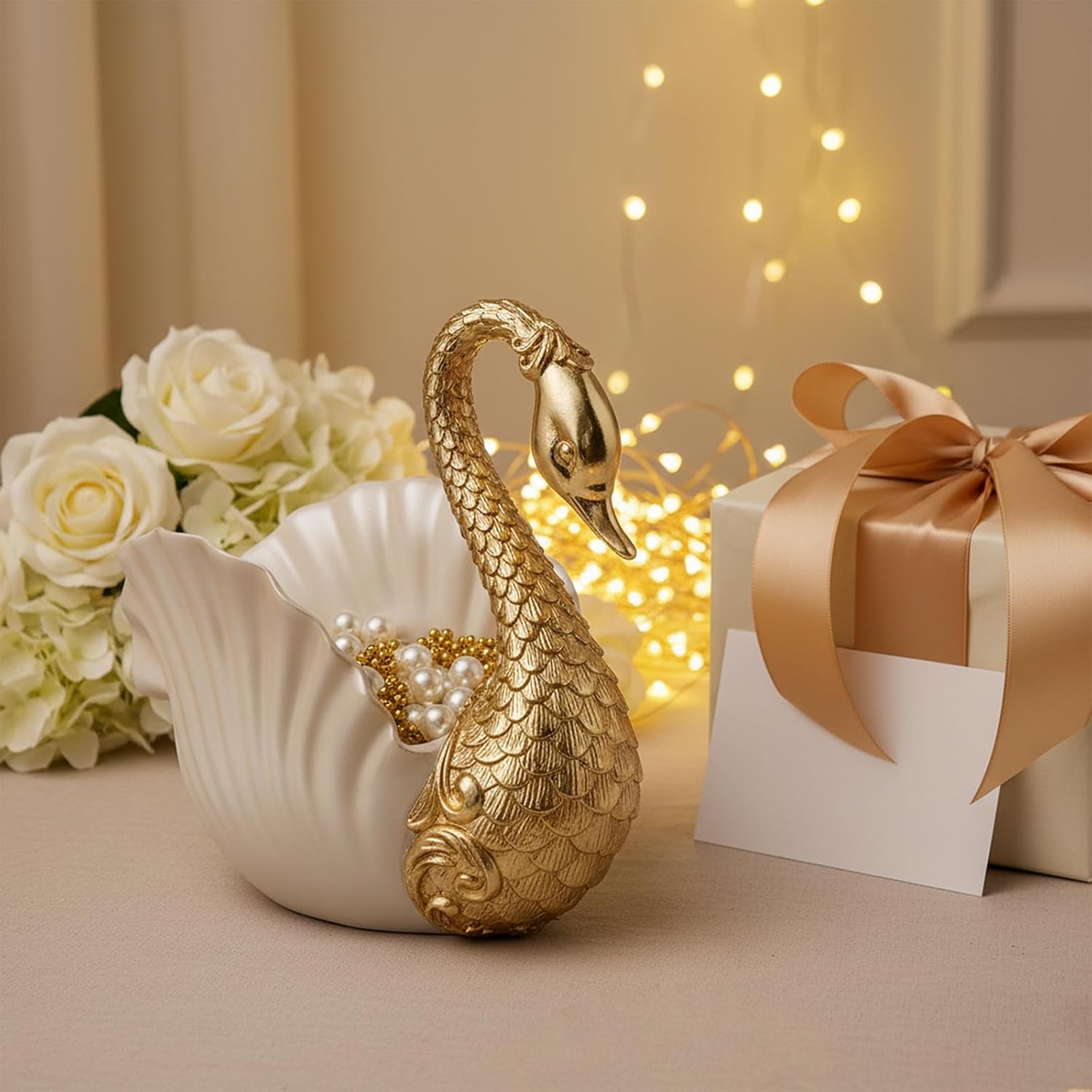 Braxio Decorative Bowl Swan Decor - Resin Gold & White Jewelry Dish & Vanity Organizer for Entryway Table, Modern & Farmhouse Home Accent for Living Room, Bathroom, Wedding Gift 8.9 x 5 x 8.5 Inch