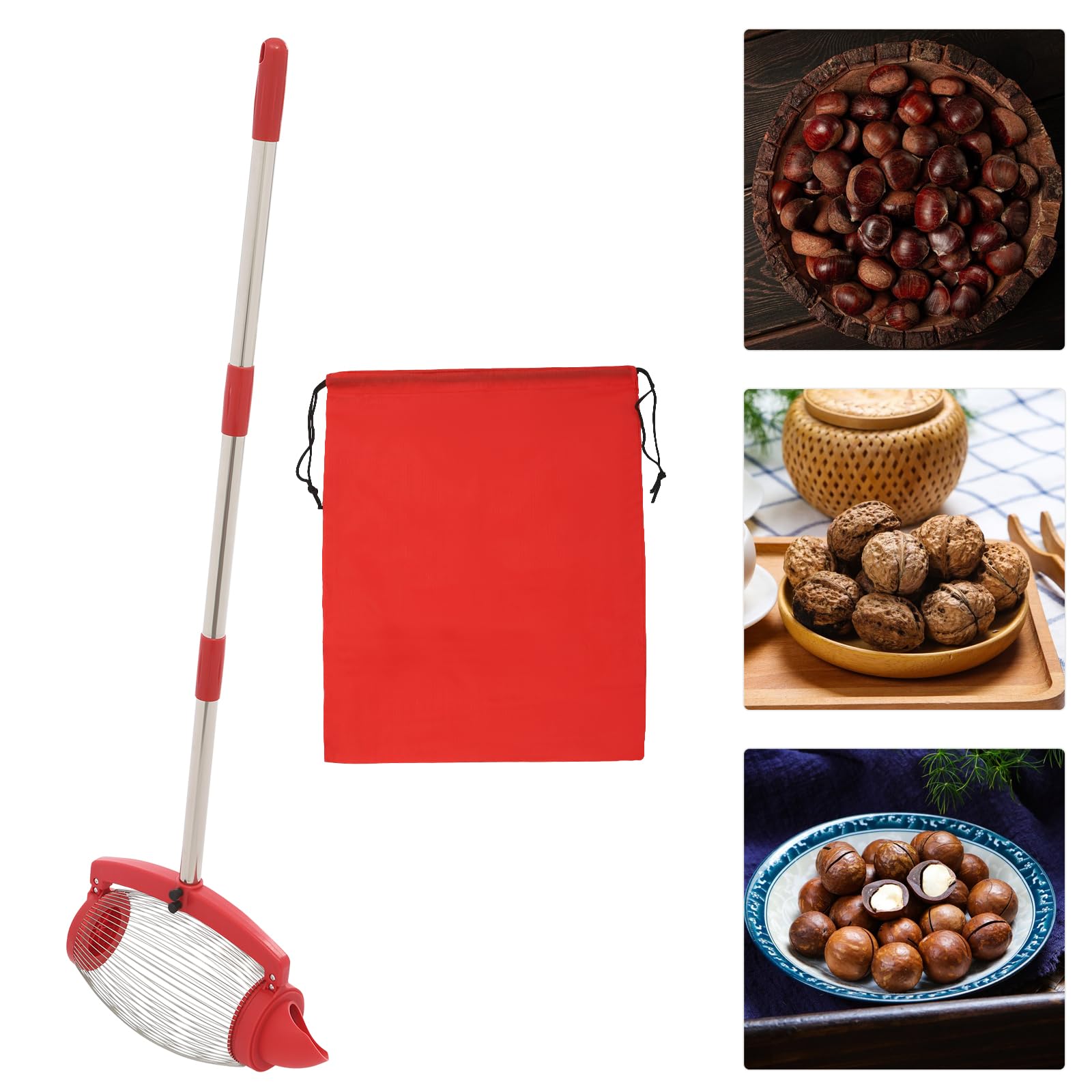 Colector de nueces de nogal con bolsa de almacenamiento, 15 l, recogedor efectivo para frutos secos, recogedor con mango telescópico para exteriores, pelotas de golf, pelotas de tenis