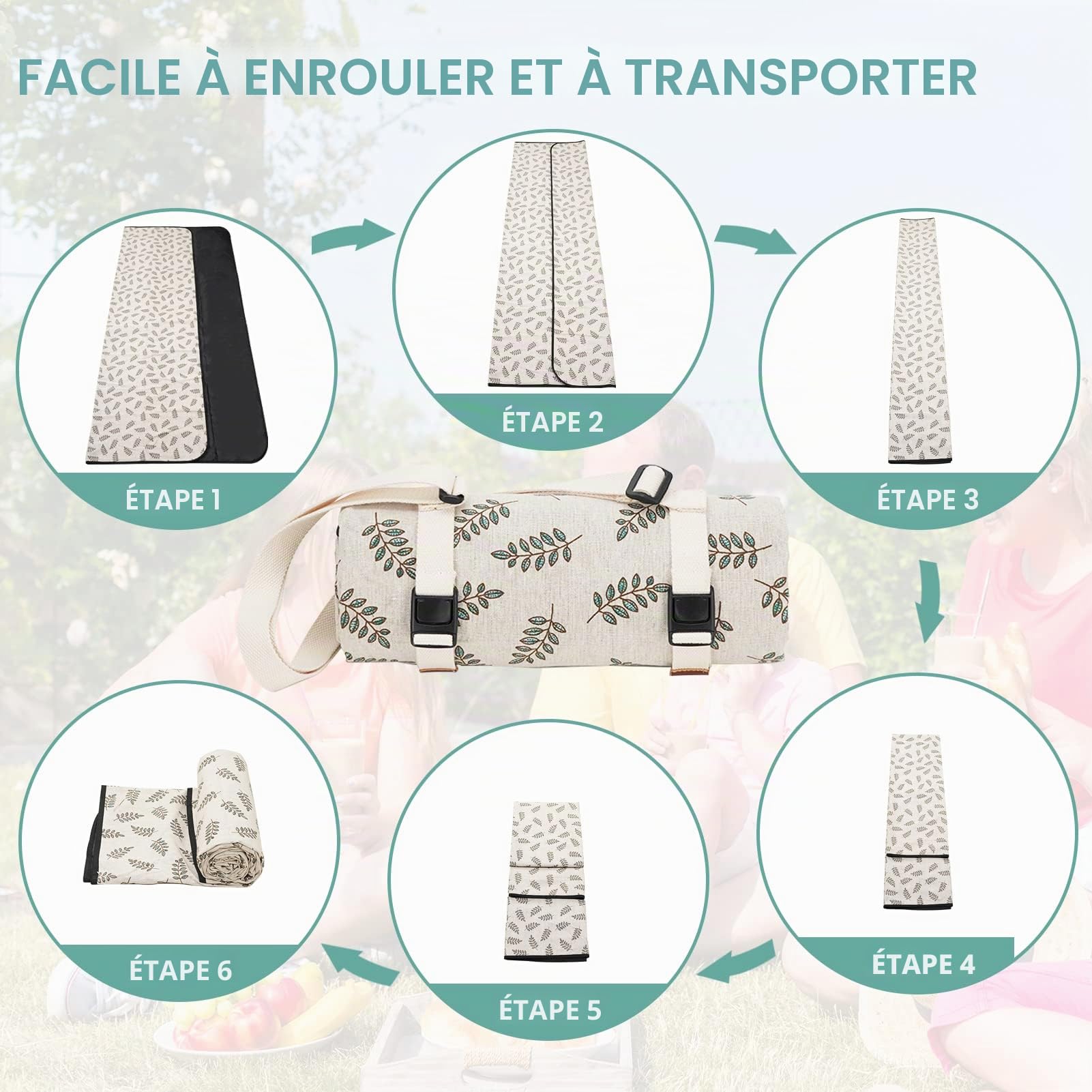 WILLOW WEAVE Couvertures de pique-nique lavables pour camping, couvertures d'urgence, paniers de pique-nique, accessoires avec dos imperméable et bandoulière – Feuille