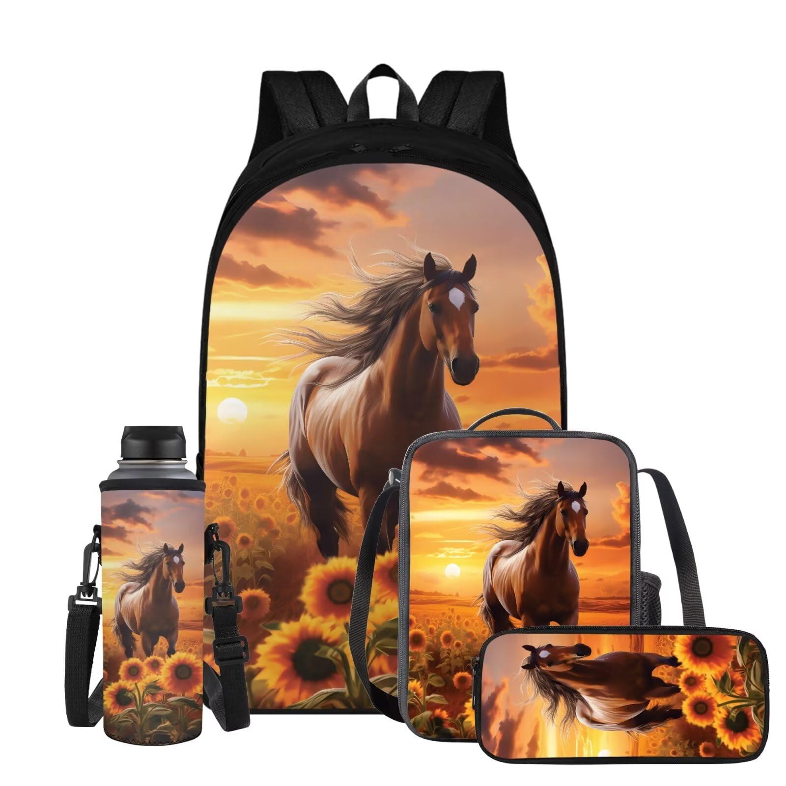 Flashideas Sunflower Horse Backpack for Girls Kids Backpack with Lunch Box Water Bottle Bag and Big Pencil Case 4 PCS Set 17" Lightweight School Bag