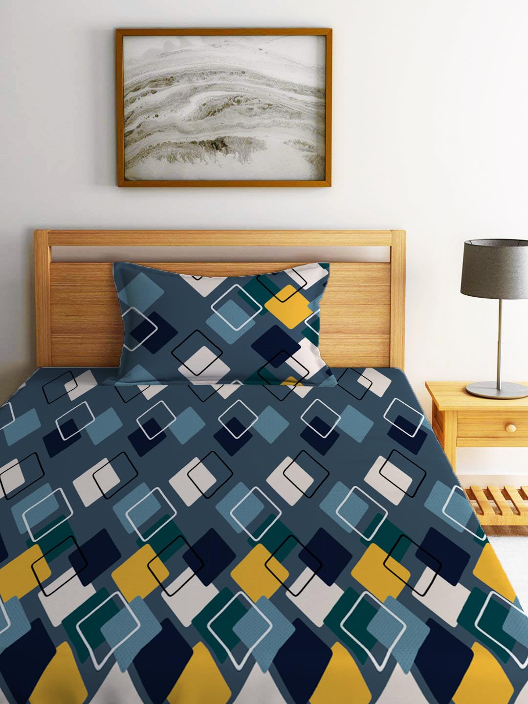 LOOMLYFE 300 TC Cotton Feel Glace Elastic Fitted Printed Single Bed Bedsheet with 1 Pillow Cover Fits Upto 6 Inches Mattress,Size- 42X75X8 Inches, NavySquare
