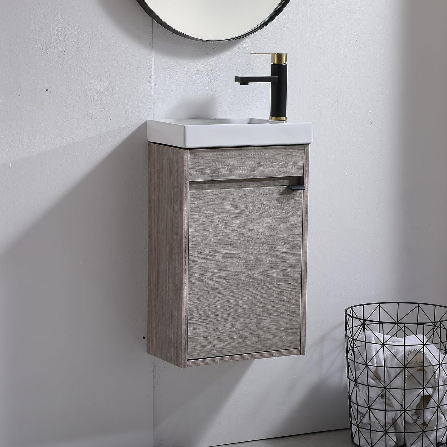 16 Inch Bathroom Vanity with Sink Combo,Wall Mounted Cabinet Set for Small Space,Floating Vanity Bathroom Sink,Narrow Bathroom Vanity,Small Bath Vanity Forest Oak