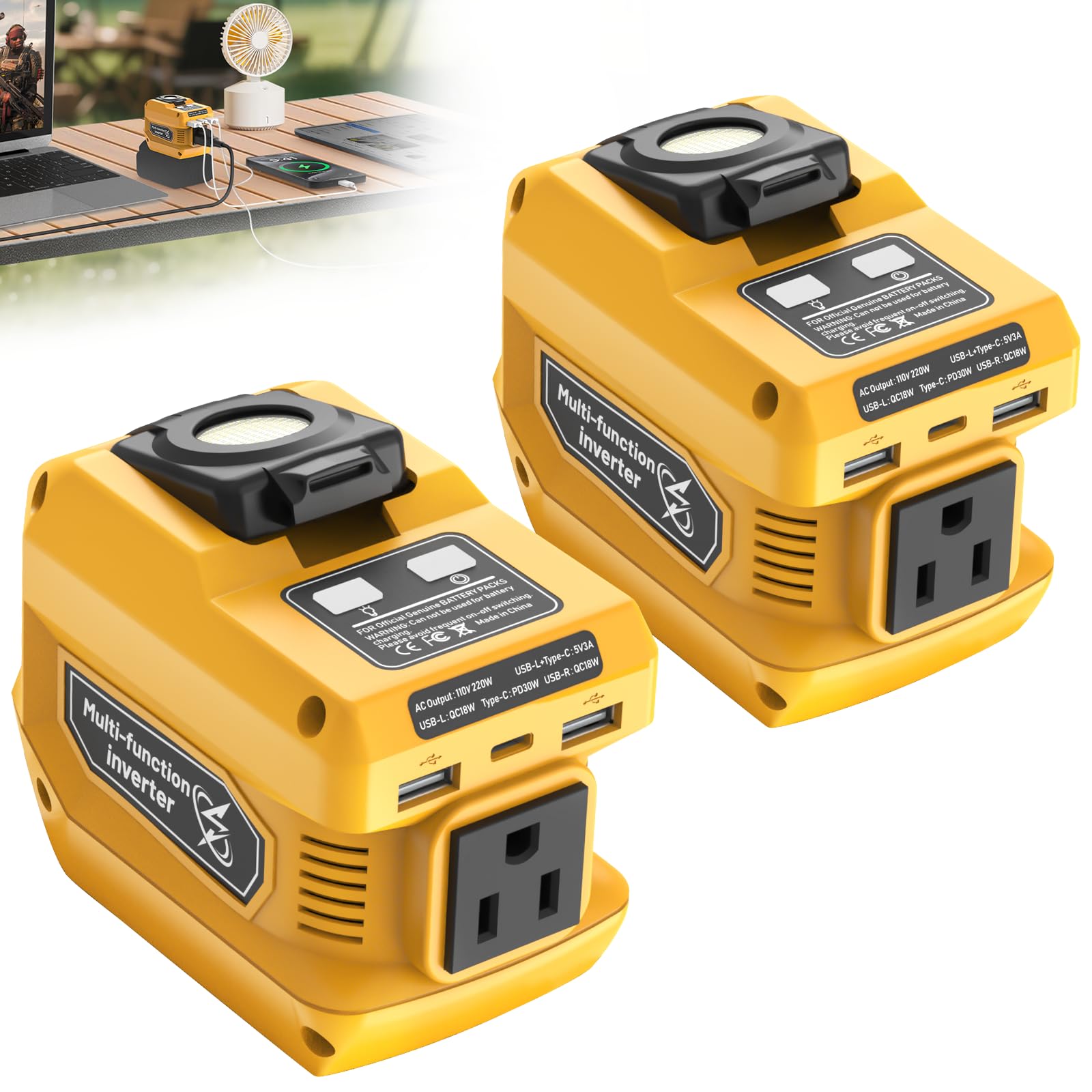 2 Packs 220W Portable Power Inverter Compatible with Dewalt 20V Battery DC 20V to AC 110V Battery Inverter