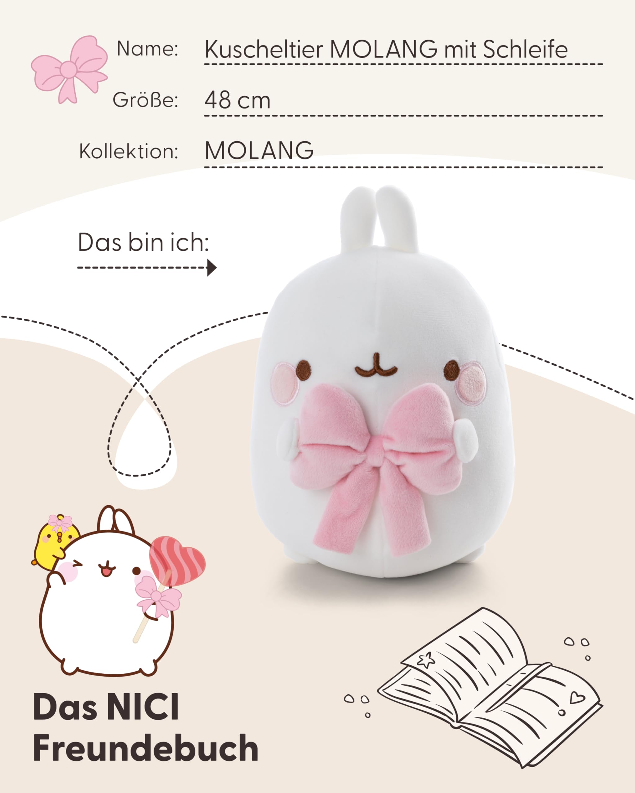 NICI Kuscheltier MOLANG mit Schleife 48cm - weiß - 62786 | Stofftier aus weichem Plüsch, niedliches Plüschtier zum Kuscheln und Spielen, für Kinder & Erwachsene, tolle Geschenkidee