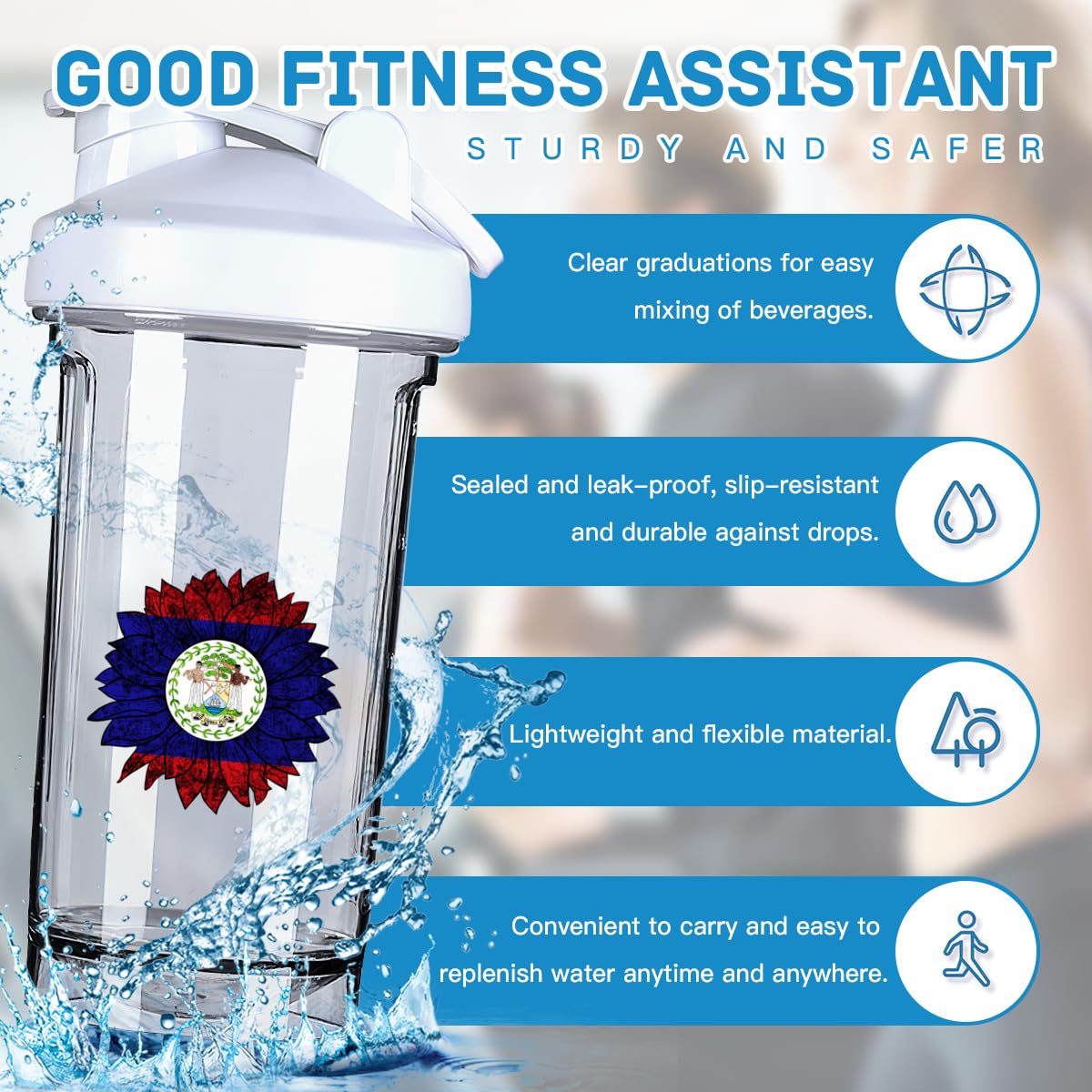 Vintage Sunflower Belizean Flag 18 Ounce Shaker Bottle Drink Mixer Leak-proof Pre Workout Protein Shakes Meal Replacement Shakes Bottles 500ML/18 Oz White