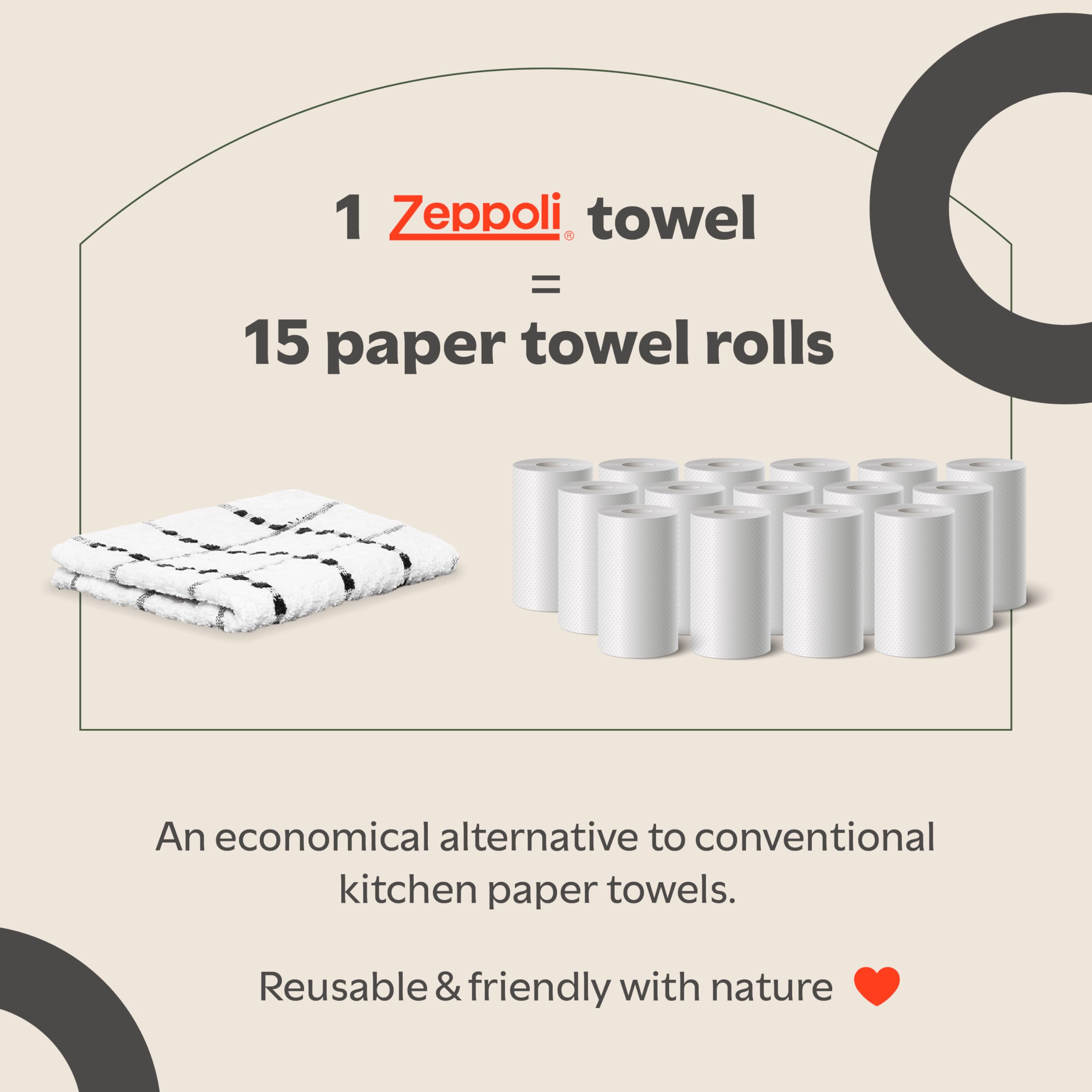 Zeppoli Classic Kitchen Towels - 12 Pack 100% Natural Cotton Towel Set, Reusable Wash Cloths, Absorbent Dish Towels, Machine Washable Hand Towels, Kitchen Essentials, 15” x 25” - Black Dobby