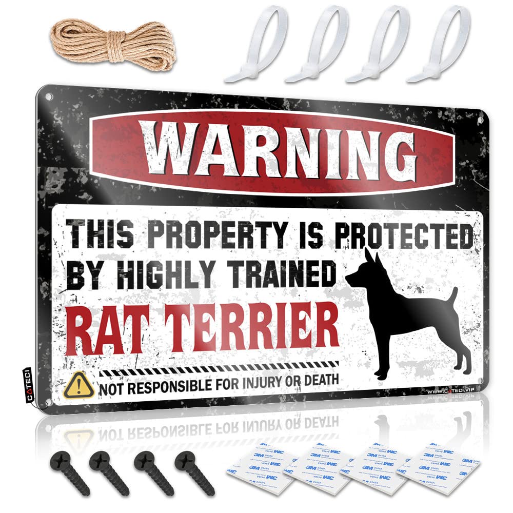 IBWNBBUSN Funny Man Cave Signs Warning This Property Is Protected By A Highly Trained Rat Terrier Tin Sign Funny Garage Tin Sign Metal Decor For Home Bar(30X40CM)
