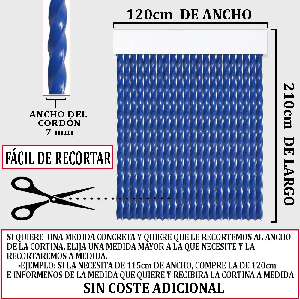 Cortinas - Tenda in corda per esterni, in plastica PVC e barra in alluminio, ideale per terrazze e verande, anti-mosche, blu, 210 x 120 cm