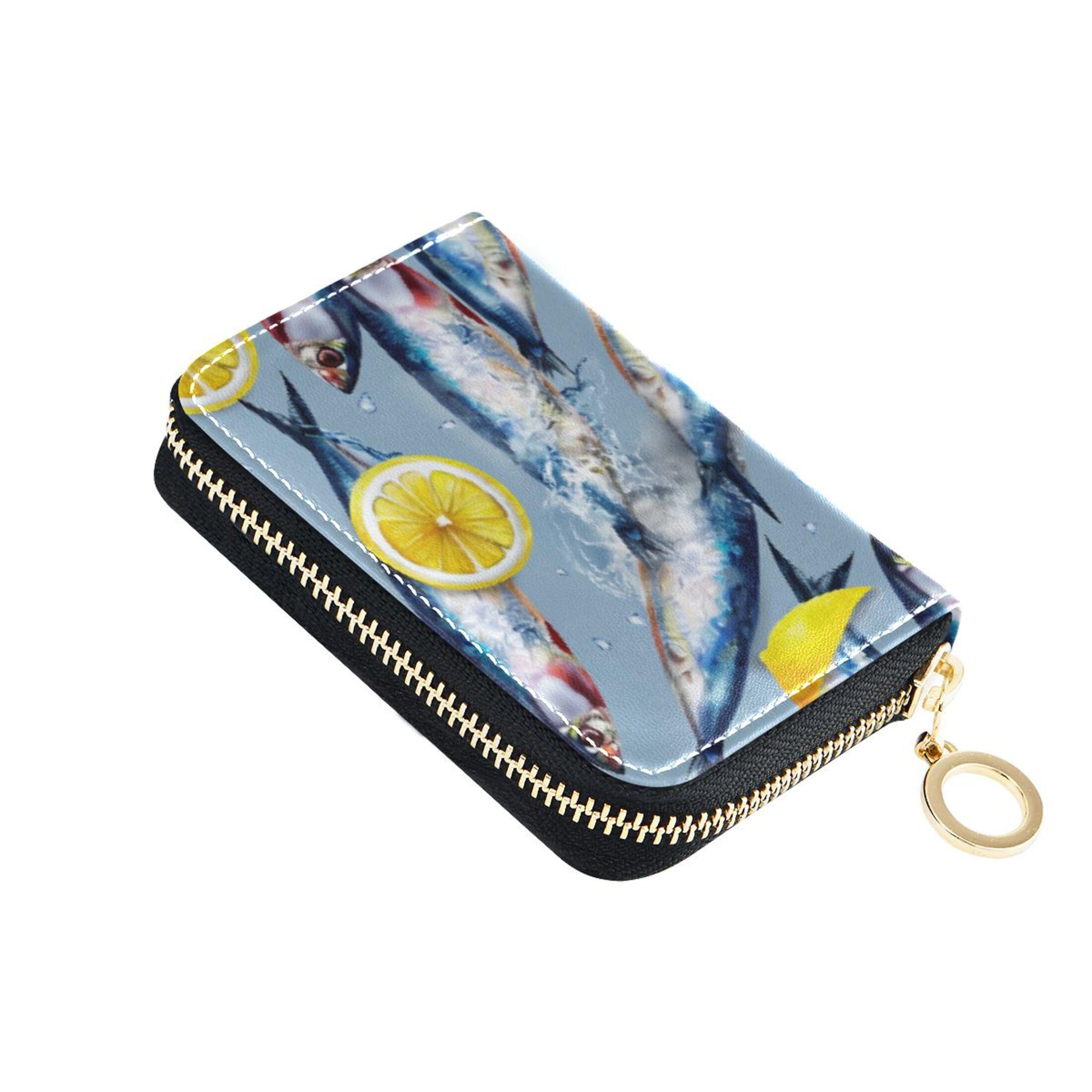 Burbuja Sardines with Lemon Credit Card Holder for Women Men RFID Blocking, Leather Accordion Zipper Card Case Wallet 11 Slots