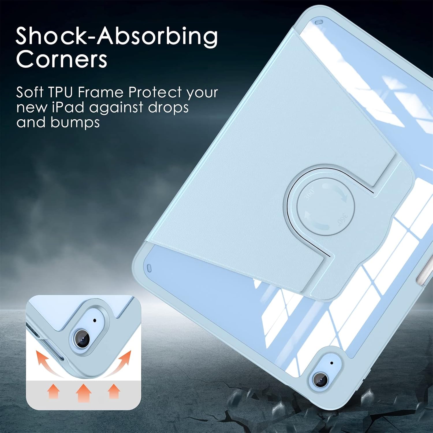 Soke 360 Rotating Case for iPad A16 11" 2025, iPad 10th Gen 10.9" 2022 - Rugged Protective Cover with Built-in Pencil Holder, Auto Sleep/Wake, Clear Back, Sky Blue