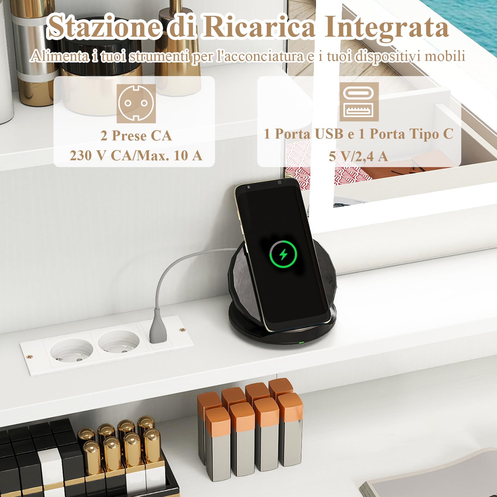 RELAX4LIFE Toeletta Trucco con Luci LED e Stazione di Ricarica, Tavolo da Trucco con Sgabello, 3 Colori di Illuminazione, Luminosità Regolabile, 3 Ripiani e 2 Cassetti per Camera da Letto