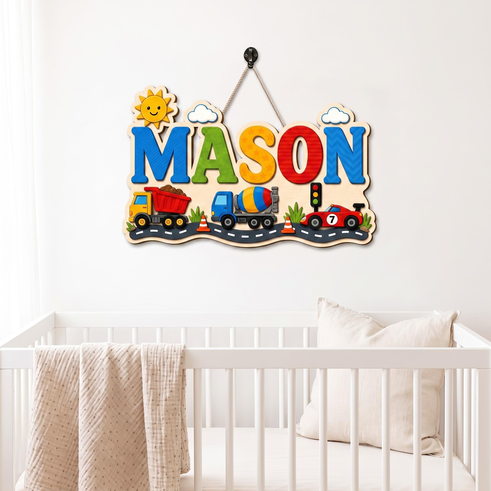 Personalized Wooden Name Sign for Boys Custom Vehicle Door Hanger Woodland