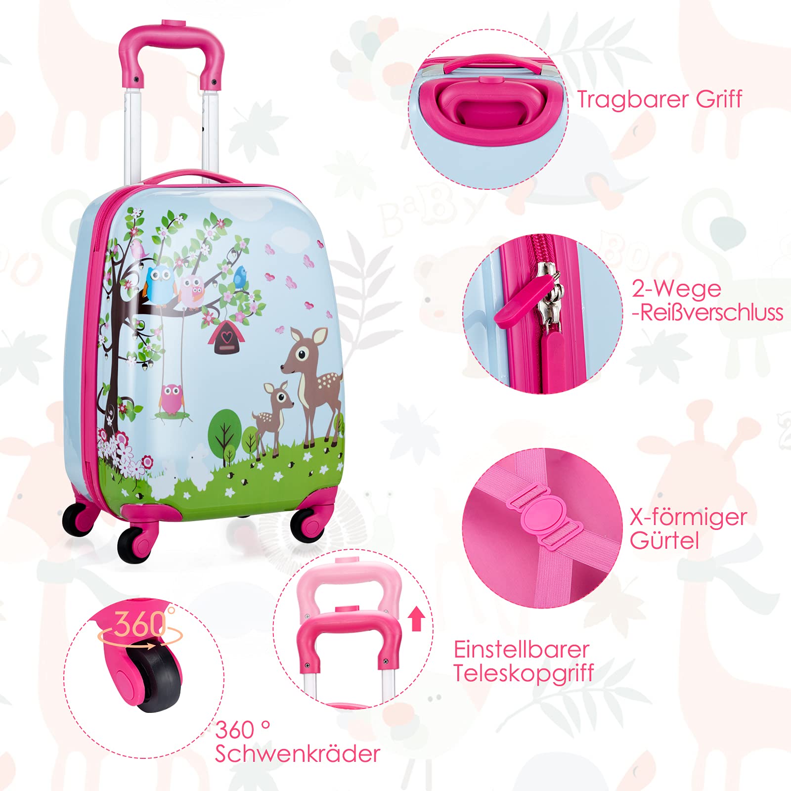 COSTWAY 2tlg Kinderkoffer + Rucksack, Kindertrolley aus Kunststoff, Kindergepäck, Kinder Kofferset Handgepäck Reisegepäck Hartschalenkoffer für Jungen und Mädchen (Eule, 12"+16")