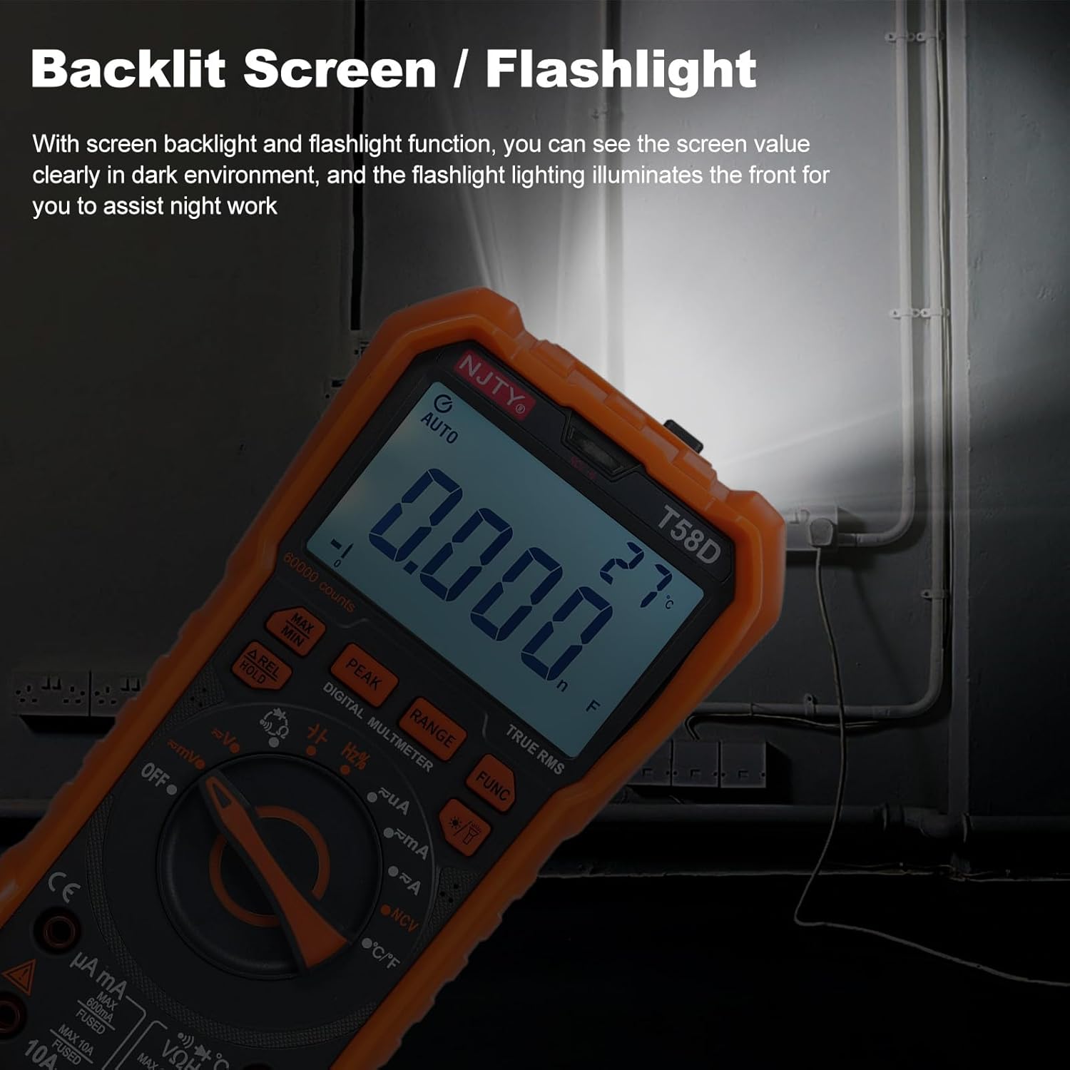 Irfora T58D Digital Multimeter with its backlit screen and flashlight activated.