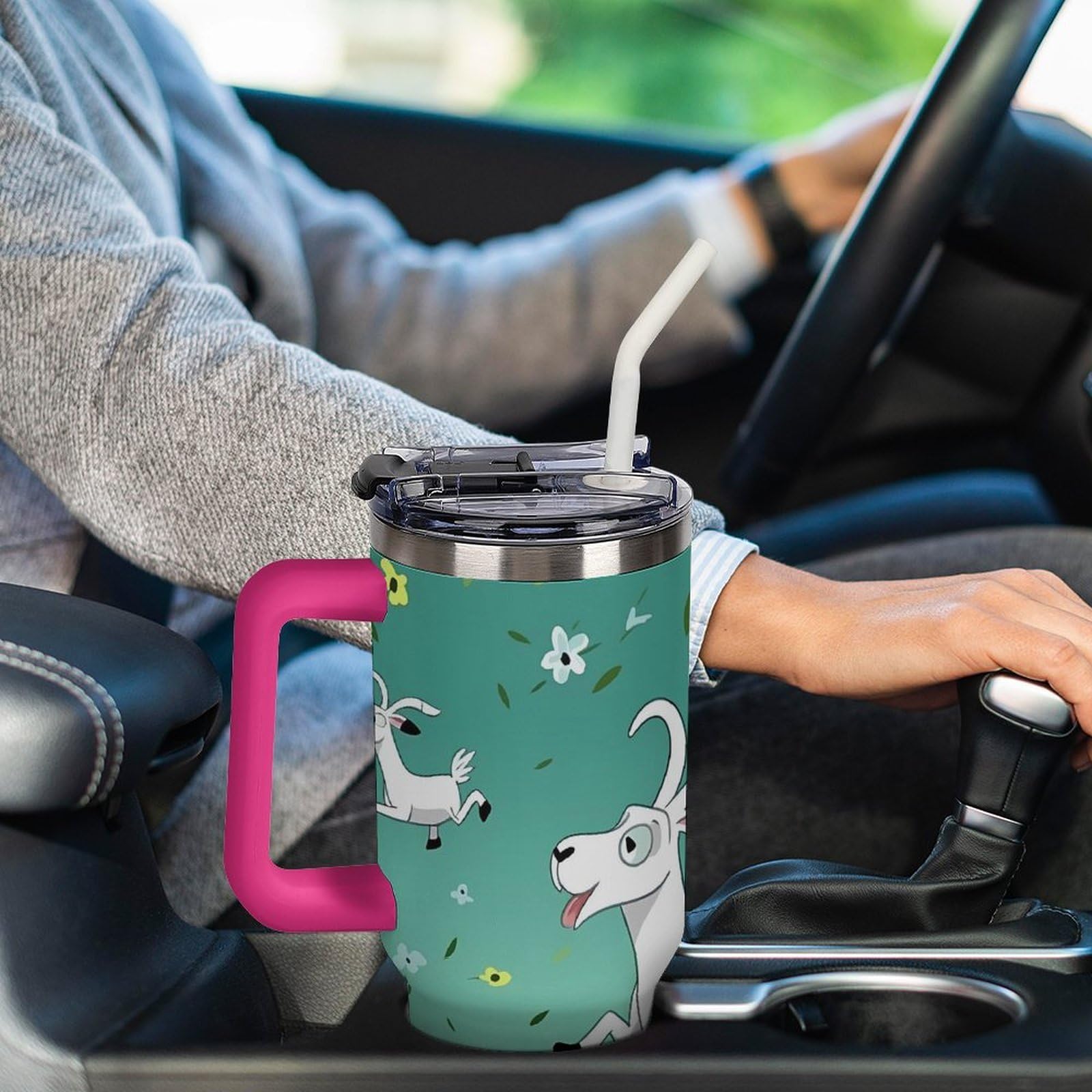 Autobecher aus 304 Edelstahl, 1,2 l, Ziegenfrolic Tumbler mit Strohhalm und auslaufsicherem Deckel, großes Fassungsvermögen, vakuumisolierter Reisebecher für Auto-Becherhalter
