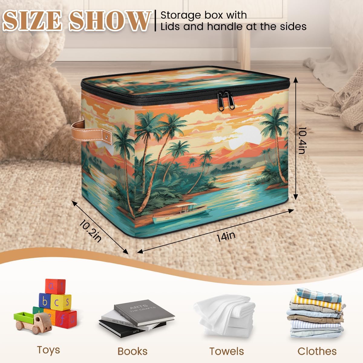 Storage Bin Set of 2 Sunset Coconut Tree Storage Basket with Zipper Lid & Handle Foldable Closet Shelf 2 Pack Cloth Organizer Basket Cube Bins Clothes Organizer for Bedroom, Nursery