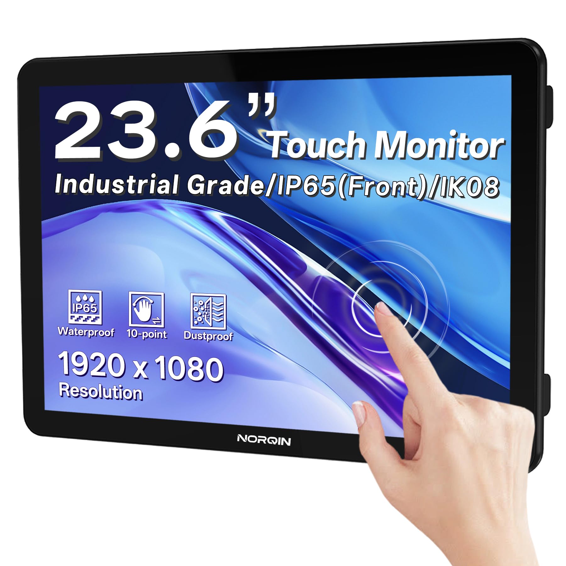 Monitor Touchscreen Industriale 23.6 Pollici,Display LCD IP65 Impermeabile con Touch Capacitivo 10 Punti,Montaggio VESA,HDMI/VGA/DVI/USB,Schermo Robusto per Chioschi,POS,Medicale & Industriale