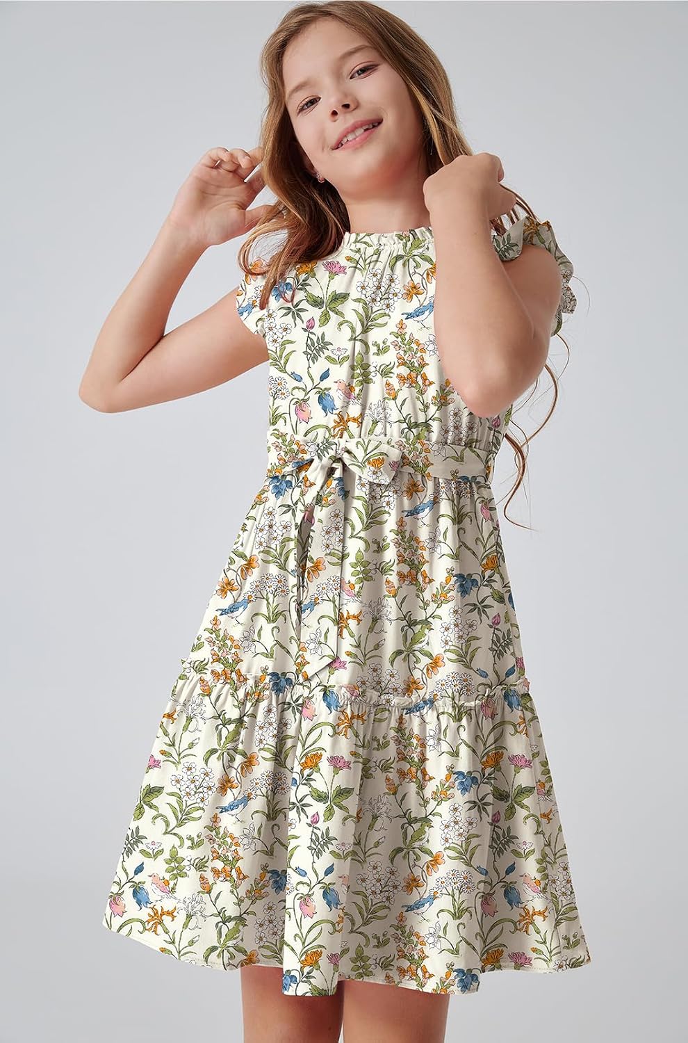 Girls Floral Ruffle Sleeve Tiered Midi Dress with Belt Pockets 5-12 Years