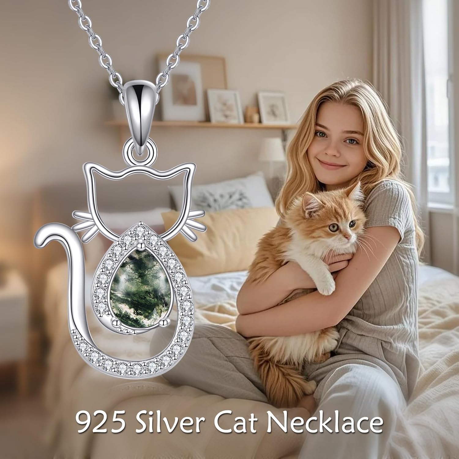 Natural Moss Agate Necklace for Women - Cat/Bunny/Dog/Moon/Clover/Vine/Mountain/Tree of Life Sterling Silver Moss Agate Pendant Necklace - Image 4