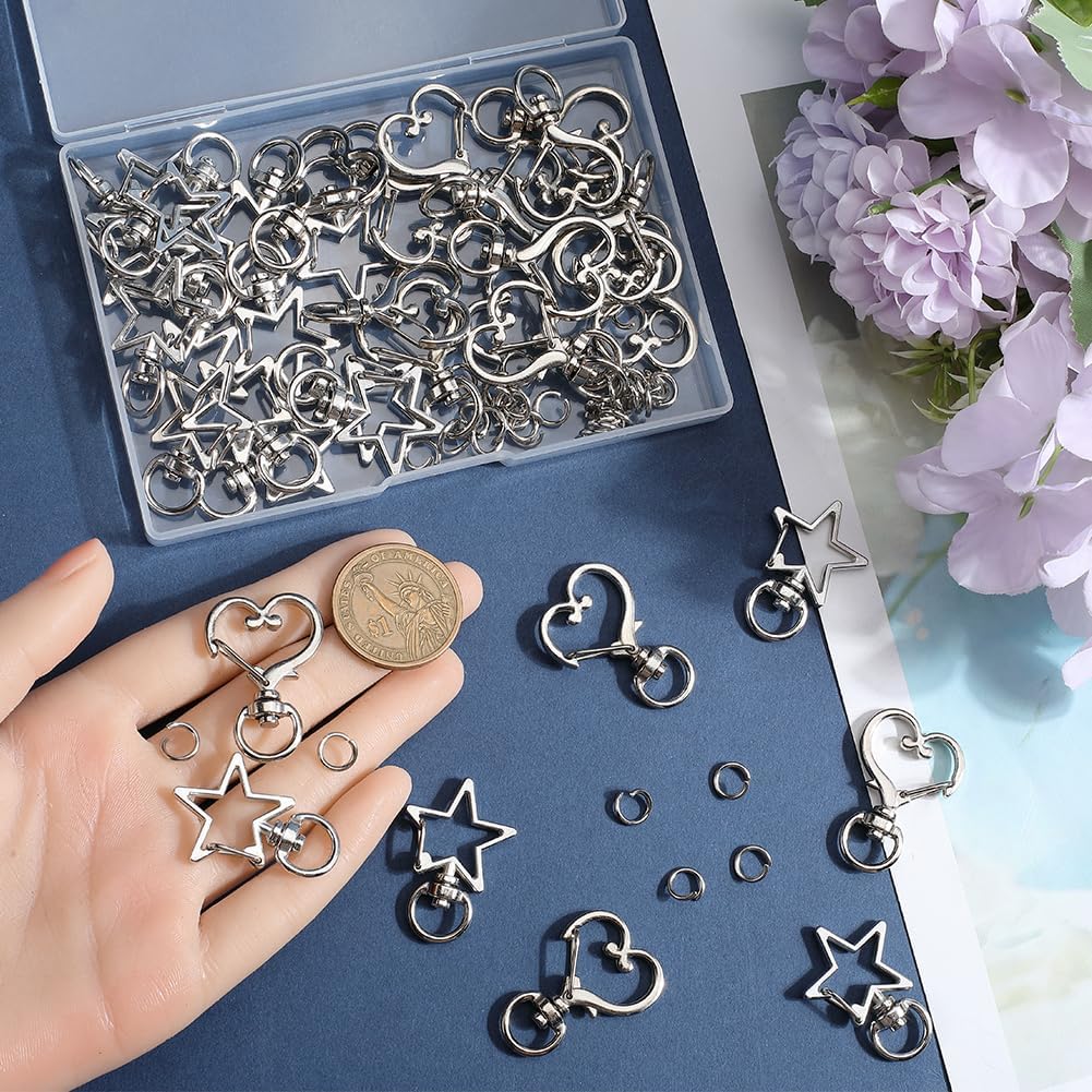 1 Box 40Pcs Swivel Lobster Clasp Silver Keychain Trigger Clasp Bulk Star Heart Shape Swivel Snap Hook Keychain Clip Alloy Spring Snap Clips for Jewelry Making Bag Tag Accessories DIY Crafts - Image 3