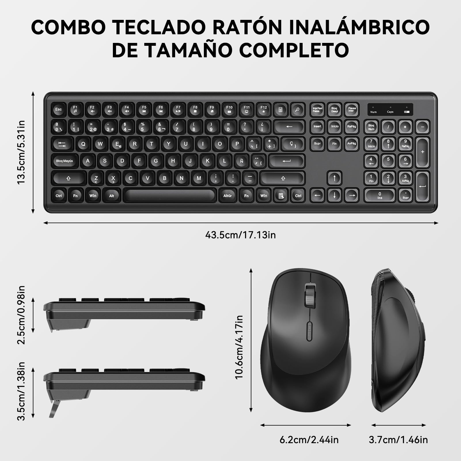 PINKCAT Teclado y Raton Inalámbrico,Botones Silenciosos, Español QWERTY,Tamaño Completo con Teclado Numérico,Ratón y Teclado Inalámbrico de 2.4 GHz per Windows,Mac,PC,Ordenador Portátil (Negro)