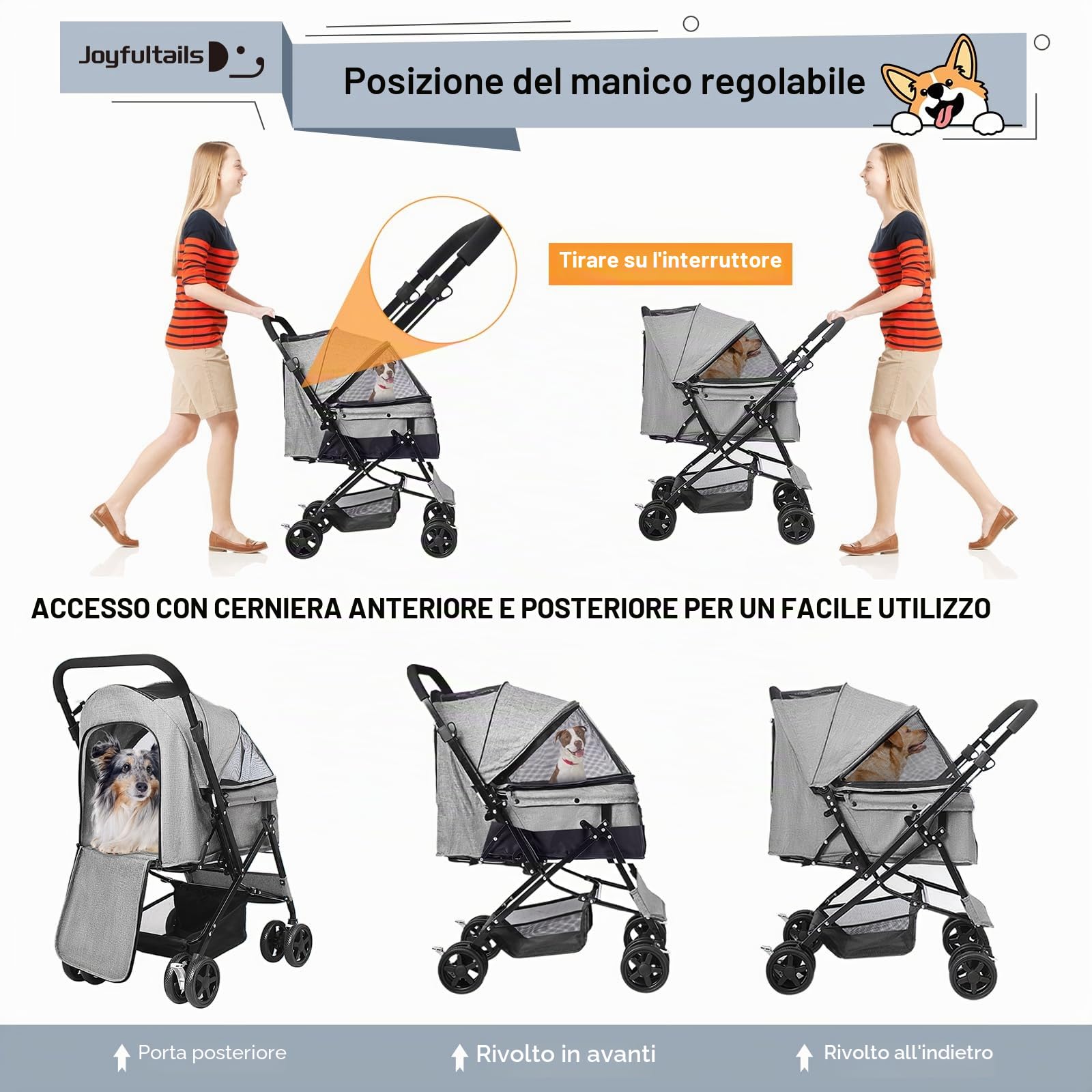 Passeggino per Cani Portata 20KG con Maniglia Reversibile e Cappottina Antipioggia - Carrello Pieghevole per Animali Domestici con Freni e Ampio Cestino, grigio