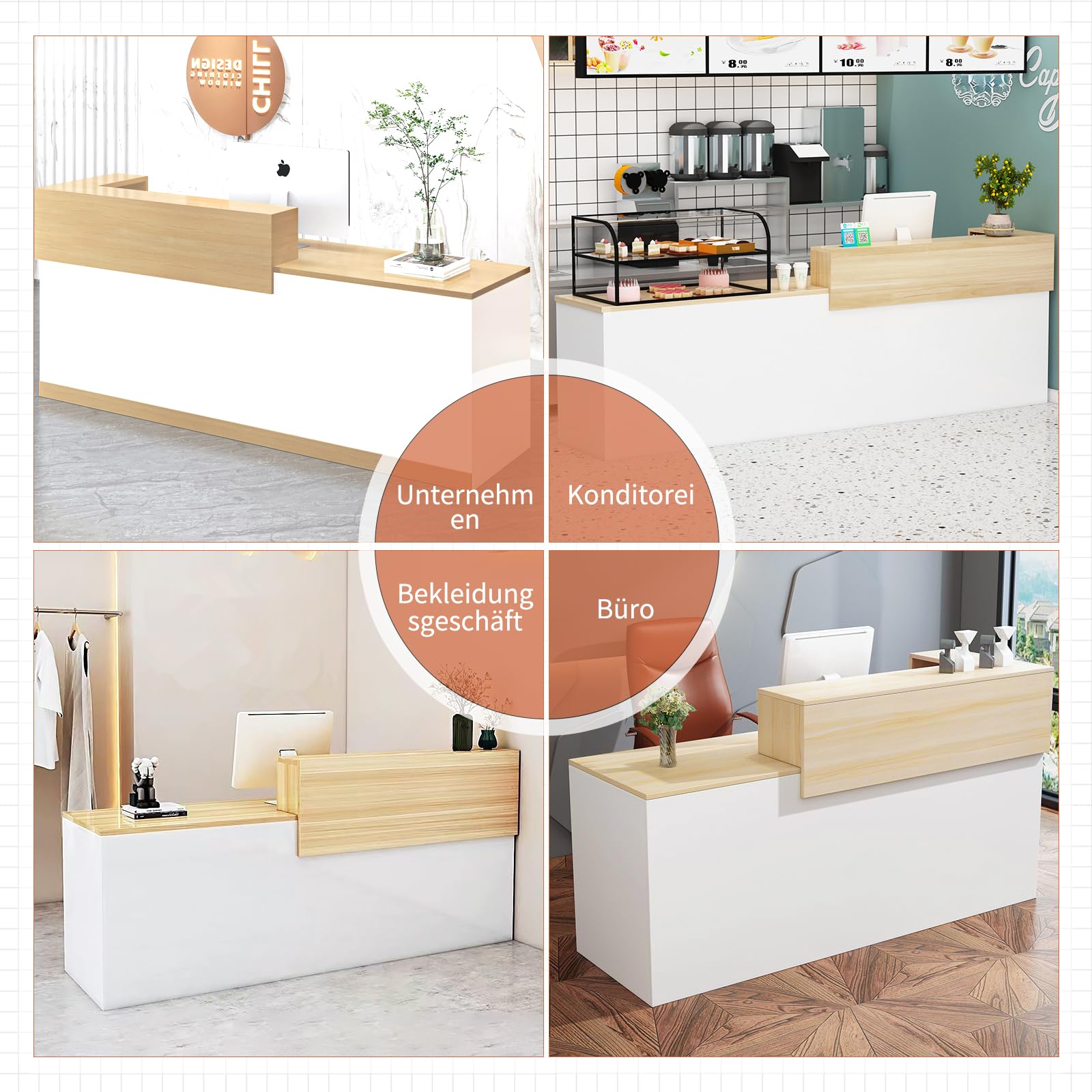 Empfangstheke modern mit Schublade und offenen Regalen, 100–240 cm, für Büro, Salon, Lobby
