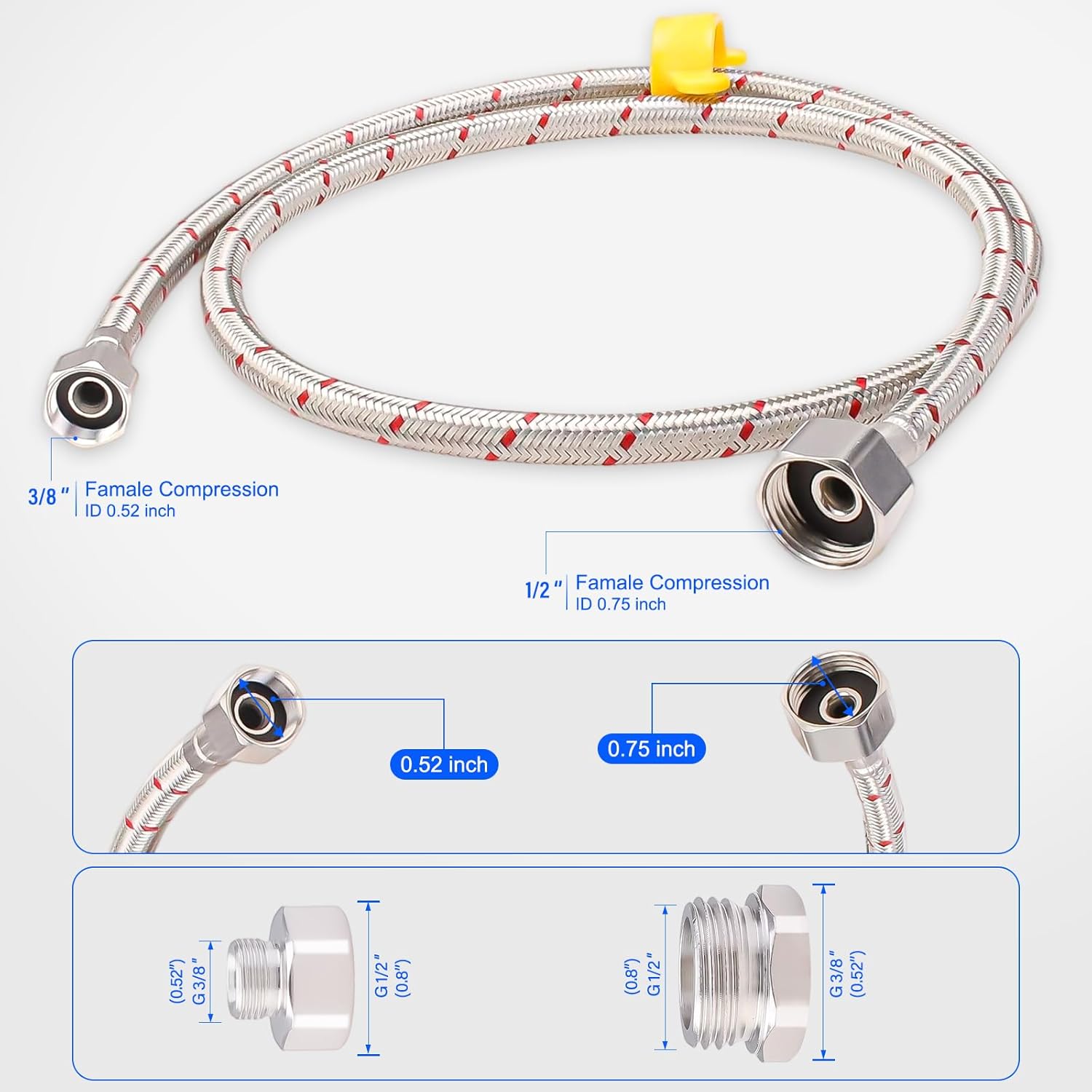 Faucet Hose Connector, 39 Inch Length Faucet Water Supply Lines 2 PCS Braided Stainless Steel 3/8" Comp x 1/2" Comp for Bathroom Kitchen Sink Faucet (1 Pair)