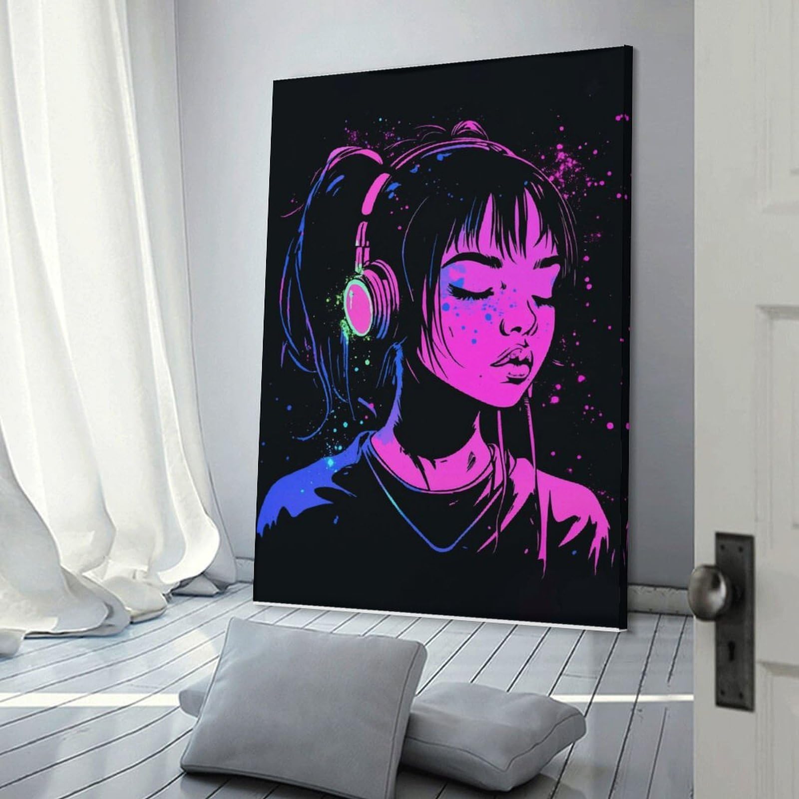 Junmoney Wall Picture Print Neon Headphones Fashion Art Print, 12x18inch(30x45cm), for Hallway, Bedroom Or Modern Interiors, Thoughtful Wall Decor for Art Lovers