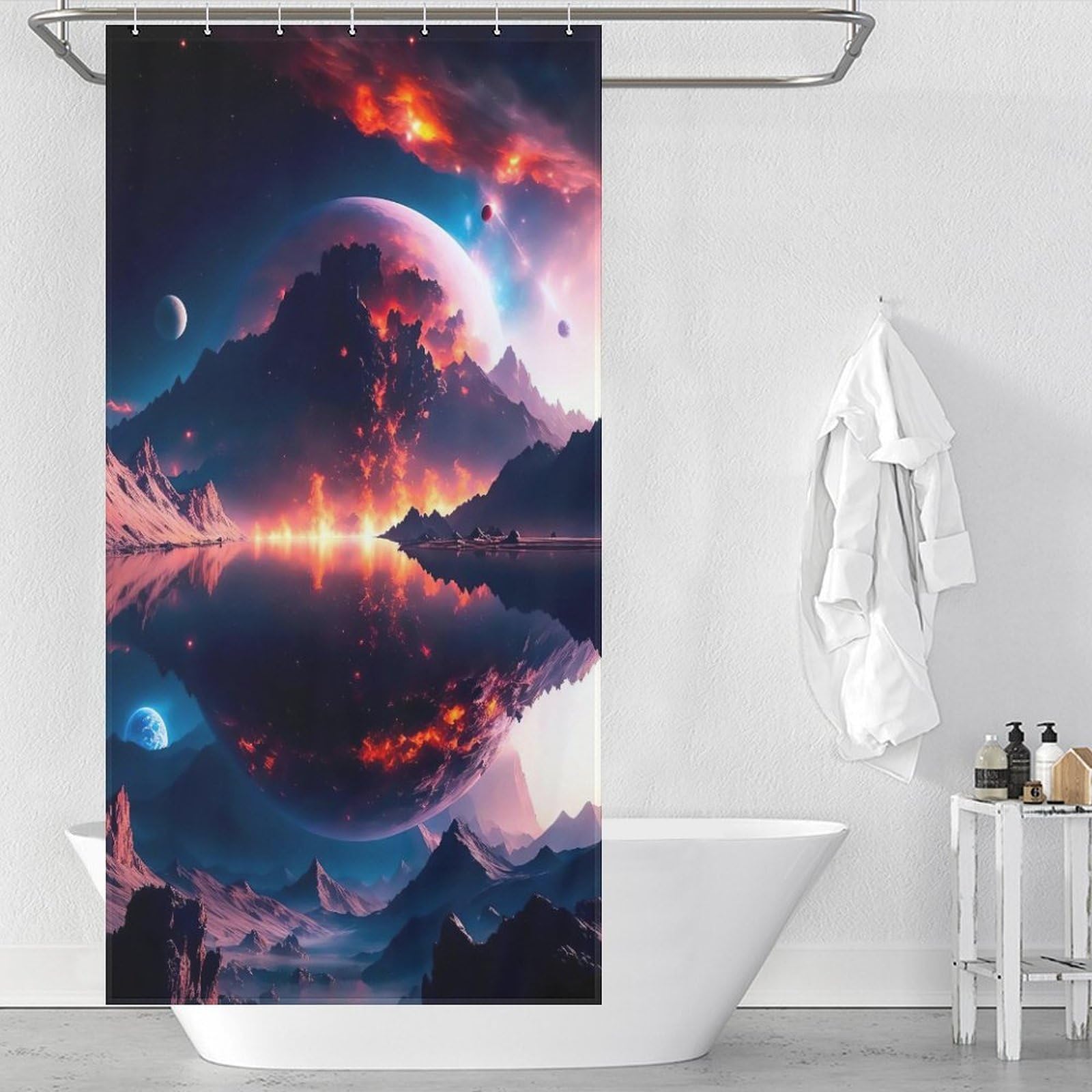 Rideau de douche planète sous un ciel étoilé pour une salle de bain évasion 92x183cm