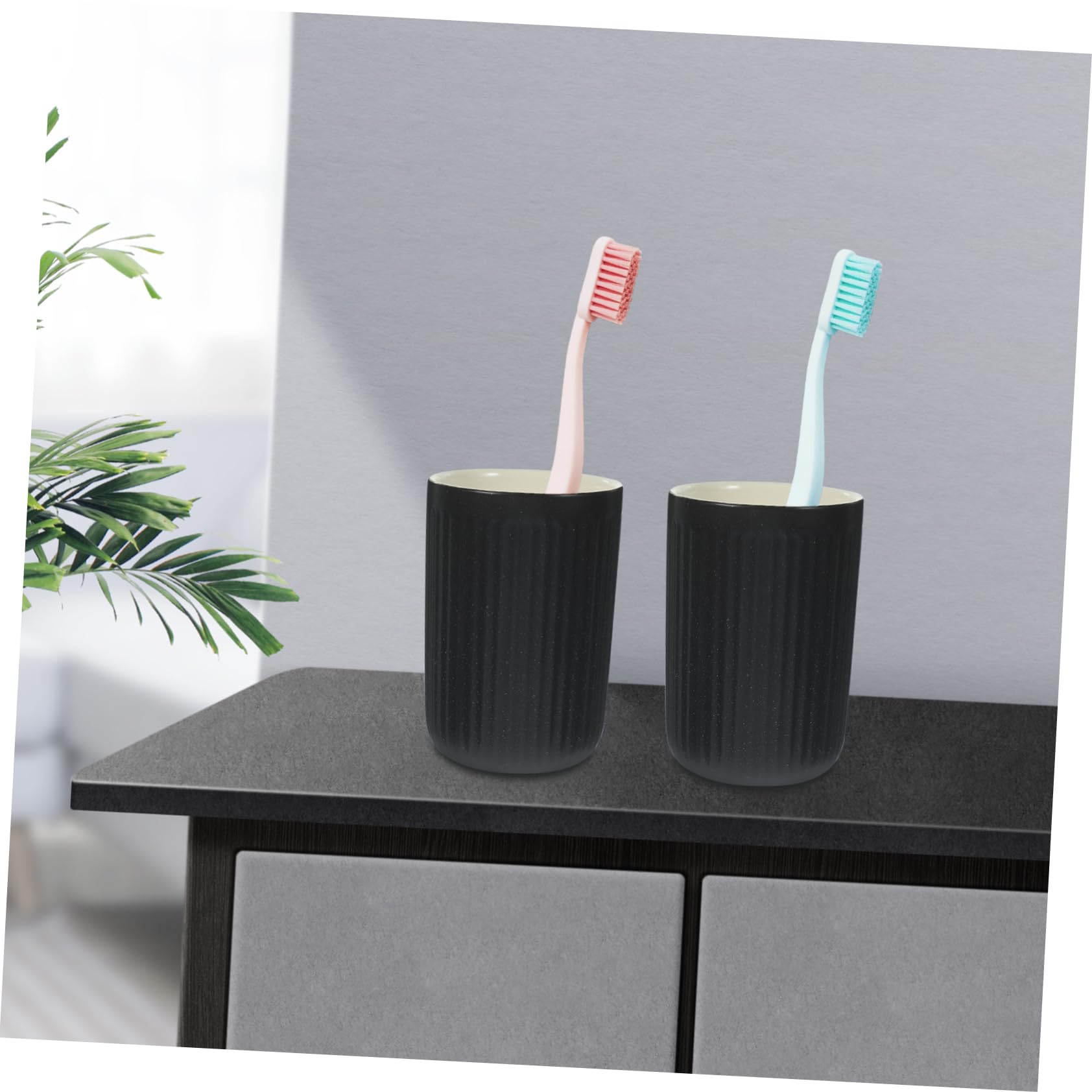 Happyyami 2 Vasos de Cerámica Negra de 300ml para Cepillos de Dientes y Enjuague Bucal, Reutilizables y Cómodos para Camping y Viaje