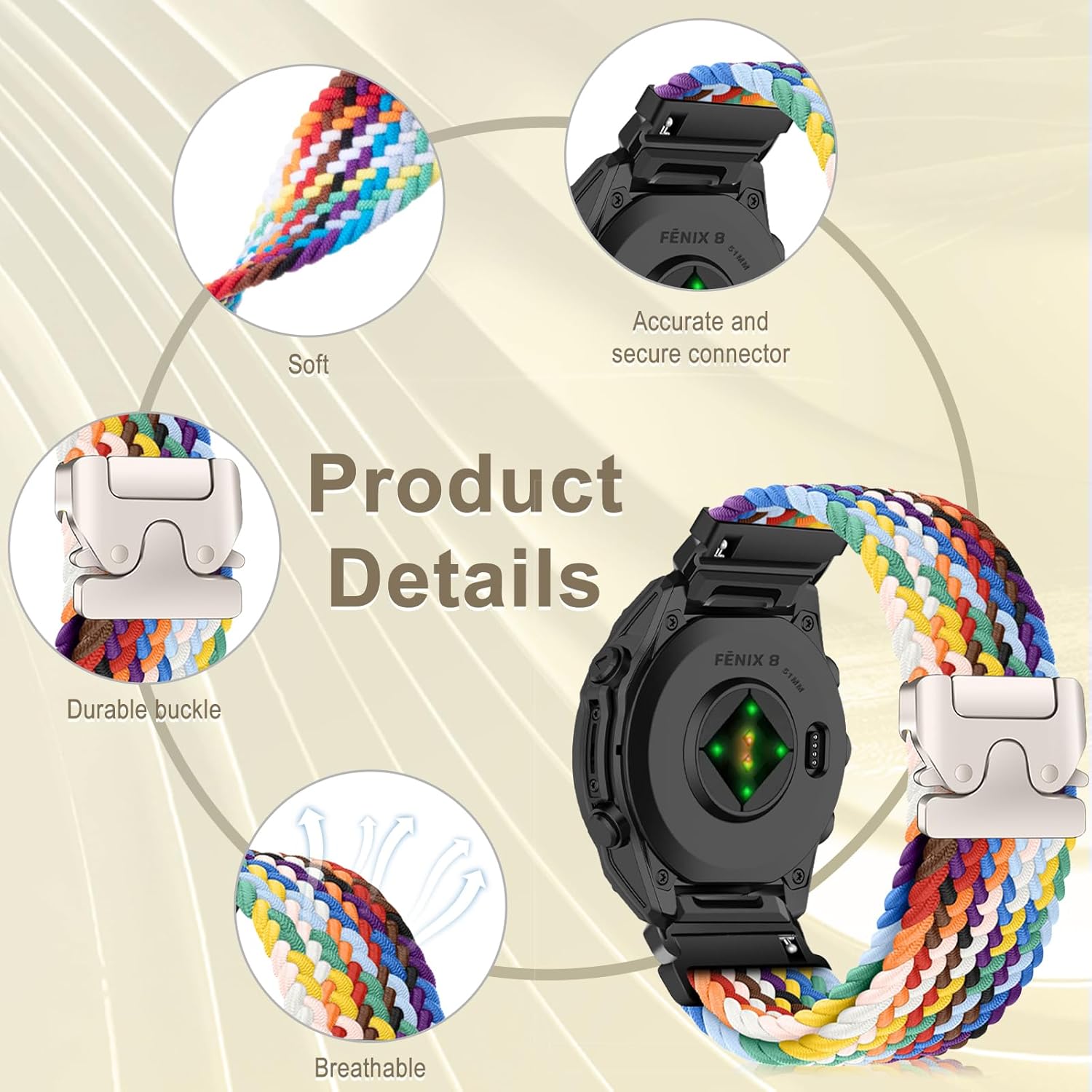 Nylon Band for 51mm of Garmin Fenix 8 Pro/Quatix 8/Tactix 8/D2 Mach 2, 26mm QuickFit Stretchy Braided Nylon Sport Strap for Garmin Fenix 7X/7X Pro/6X, D2 Mach 1 Pro, Enduro 3/2 - Rainbow - Image 3
