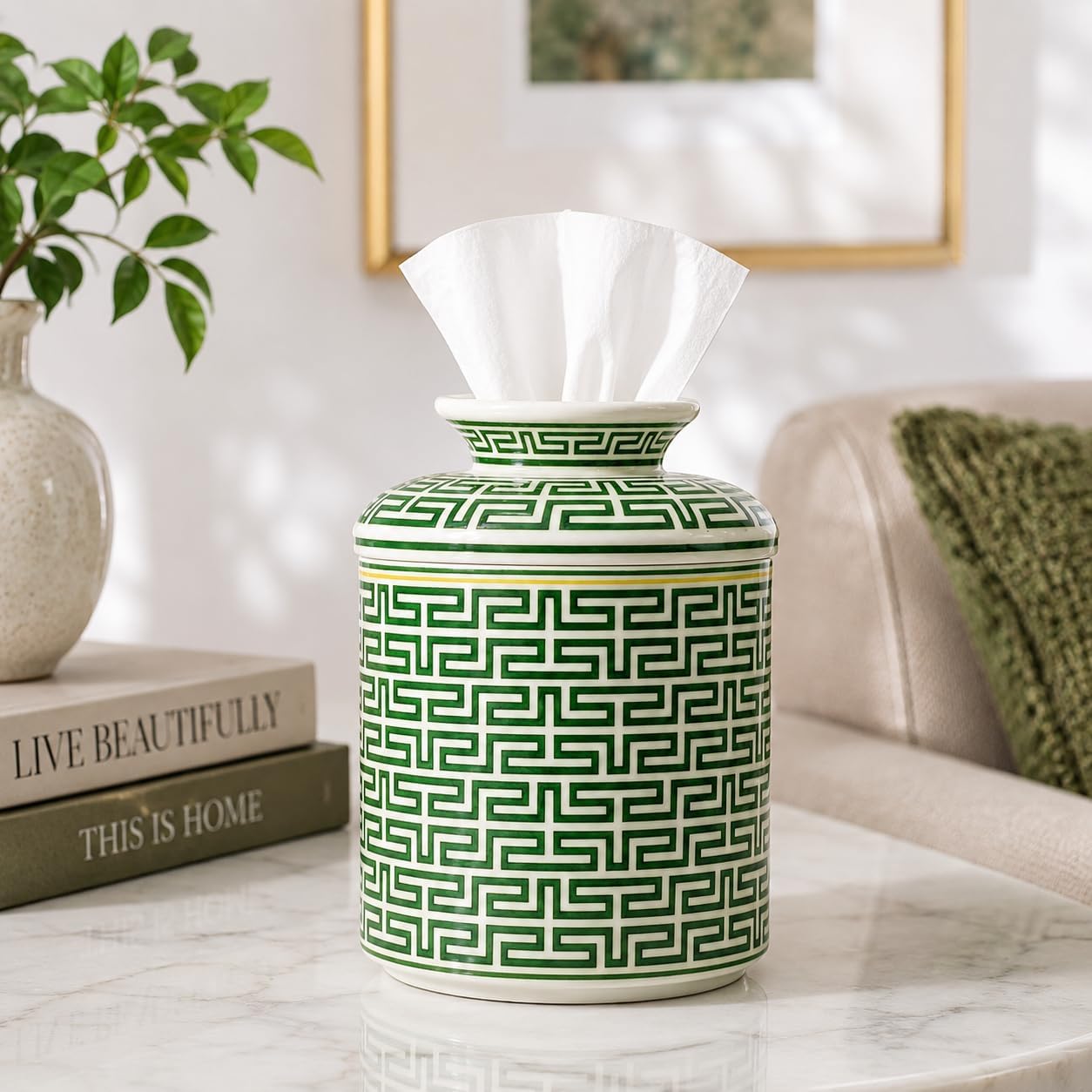 Round Tissue Box Cover,Ceramic Tissue Box Holder 4.9x6.7in, Table Napkin Case Dispenser,Facial Tissues Organizer for Home Office Nightstand Vanity-Line A Green image 2