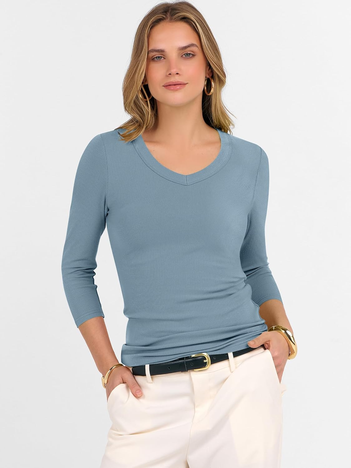 ANRABESS Womens Tops 3/4 Sleeve V Neck Ribbed Knit Slim Fit Shirts Basic Tee 2026 Fall Outfits Casual Tshirt Fashion Clothes - Image 3