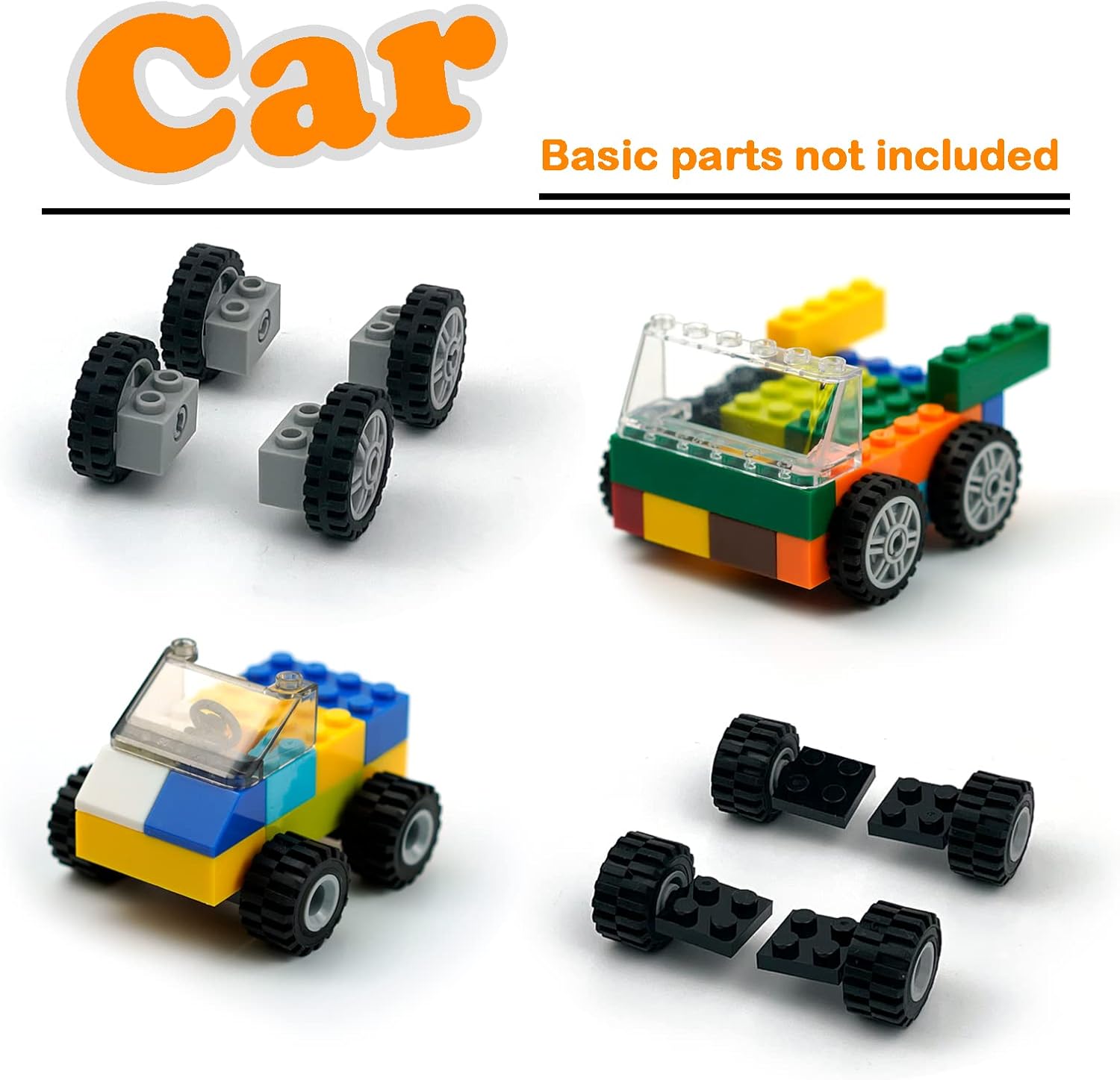Pamvava Wheels and Axles Sets Tires, 102 Car Parts and Pieces, Windshield Steering Wheel Chassis Bricks Educational Toys