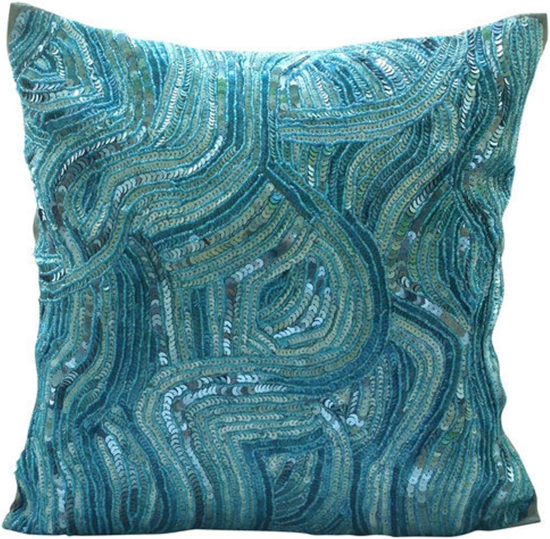 The HomeCentric Blue Accent Pillow, Sequins Beaded Abstract Glitter Sparkly Pillow Cover, 18x18 inch (45x45 cm) Decorative Pillow Cover, Square Silk Throw Pillow Cover, Beach, Sea - Aqua Infinity