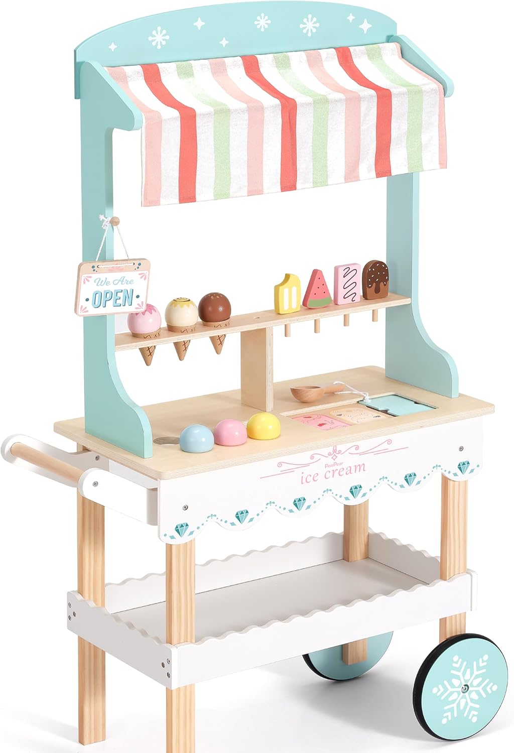 PairPearLarge Wooden Ice Cream Cart for Kids, 2-in-1 Market Stand & Pretend Play Food Truck, 15-Piece Set, Rolling Play Cart for Ages 3–6