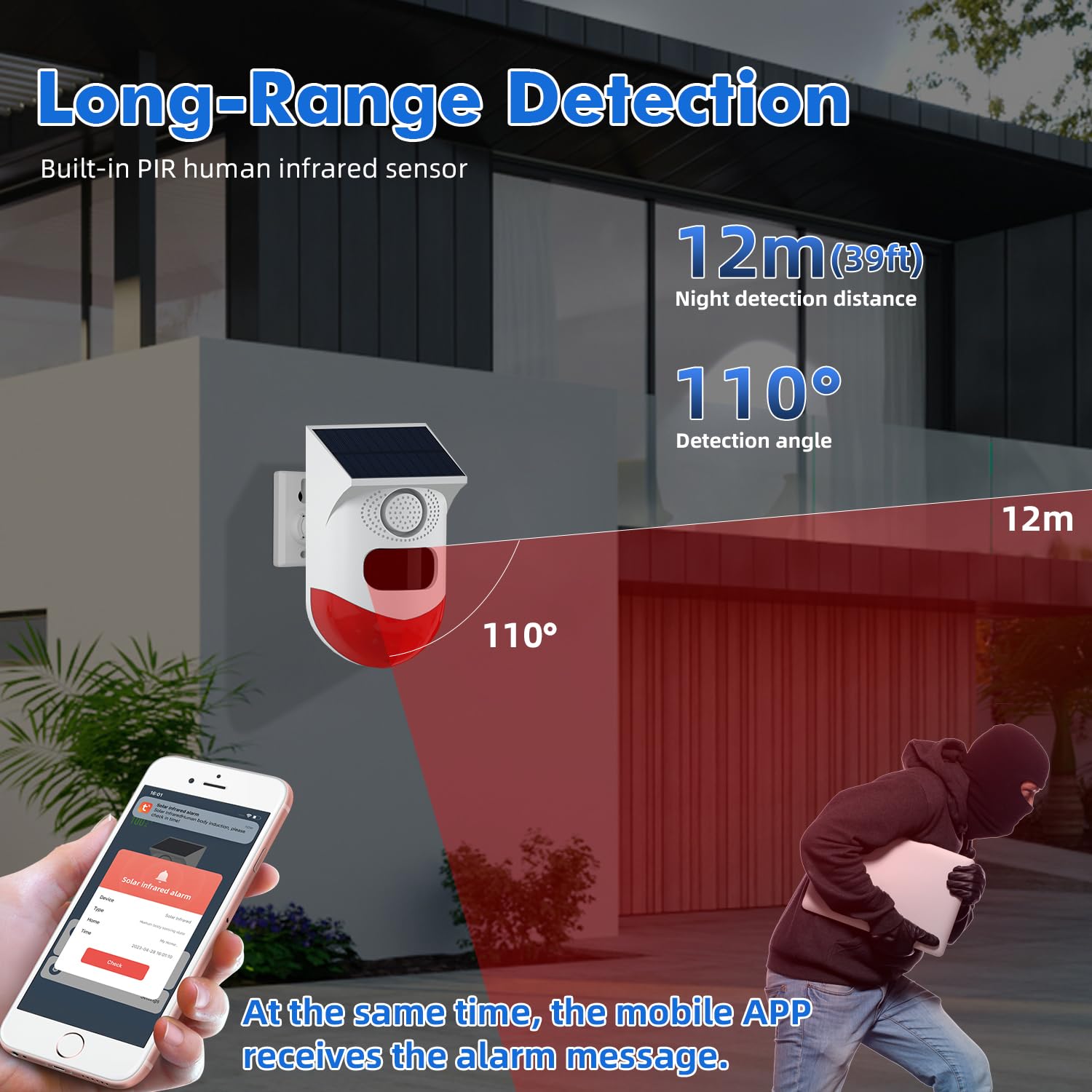 Détecteur de mouvement solaire WiFi extérieur, contrôle par application, sirène de sécurité sonore 120 dB, étanche IP65, avec lumière stroboscopique pour la maison, la ferme, la grange, la villa, la