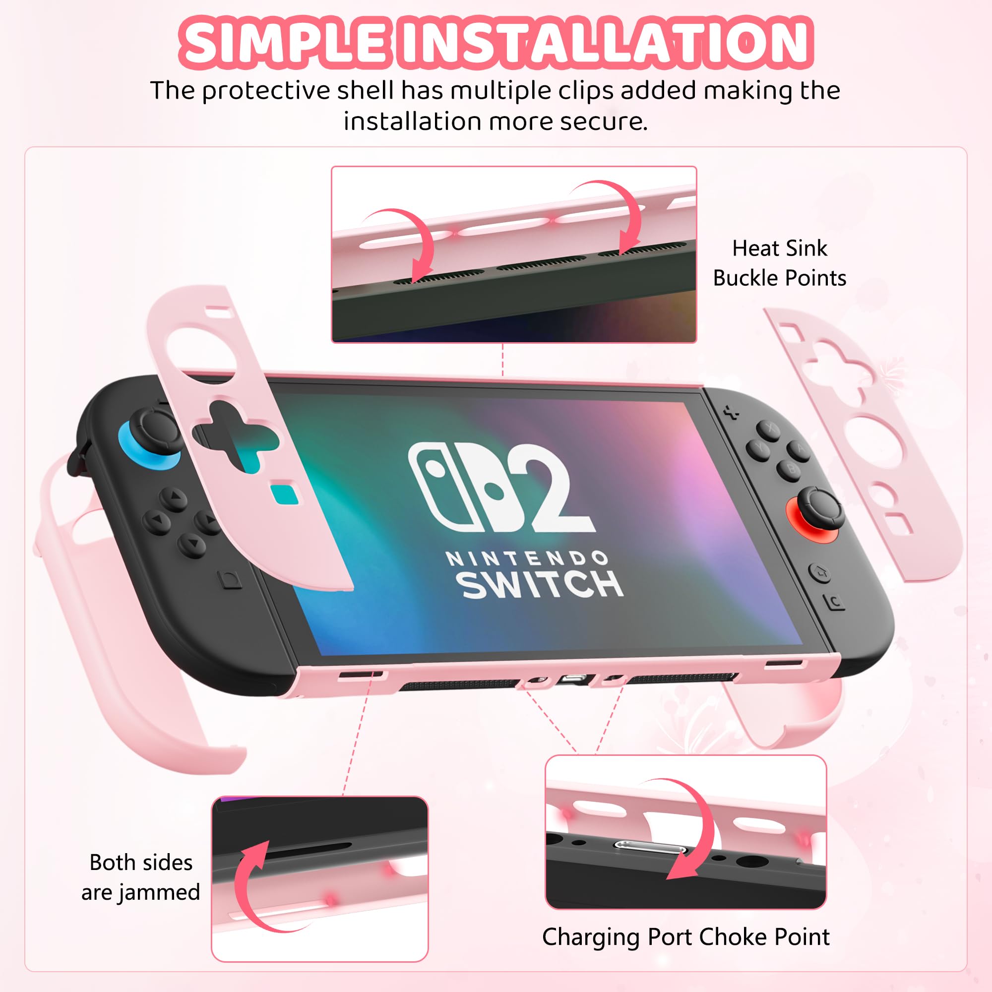 RHOTALL Pink Cherry Blossom - Bolsa de viaje para Nintendo Switch 2 (2025) de 7,9 pulgadas, bonita bolsa de viaje con carcasa rígida para Switch 2, protector de pantalla, 2 tapas para el pulgar
