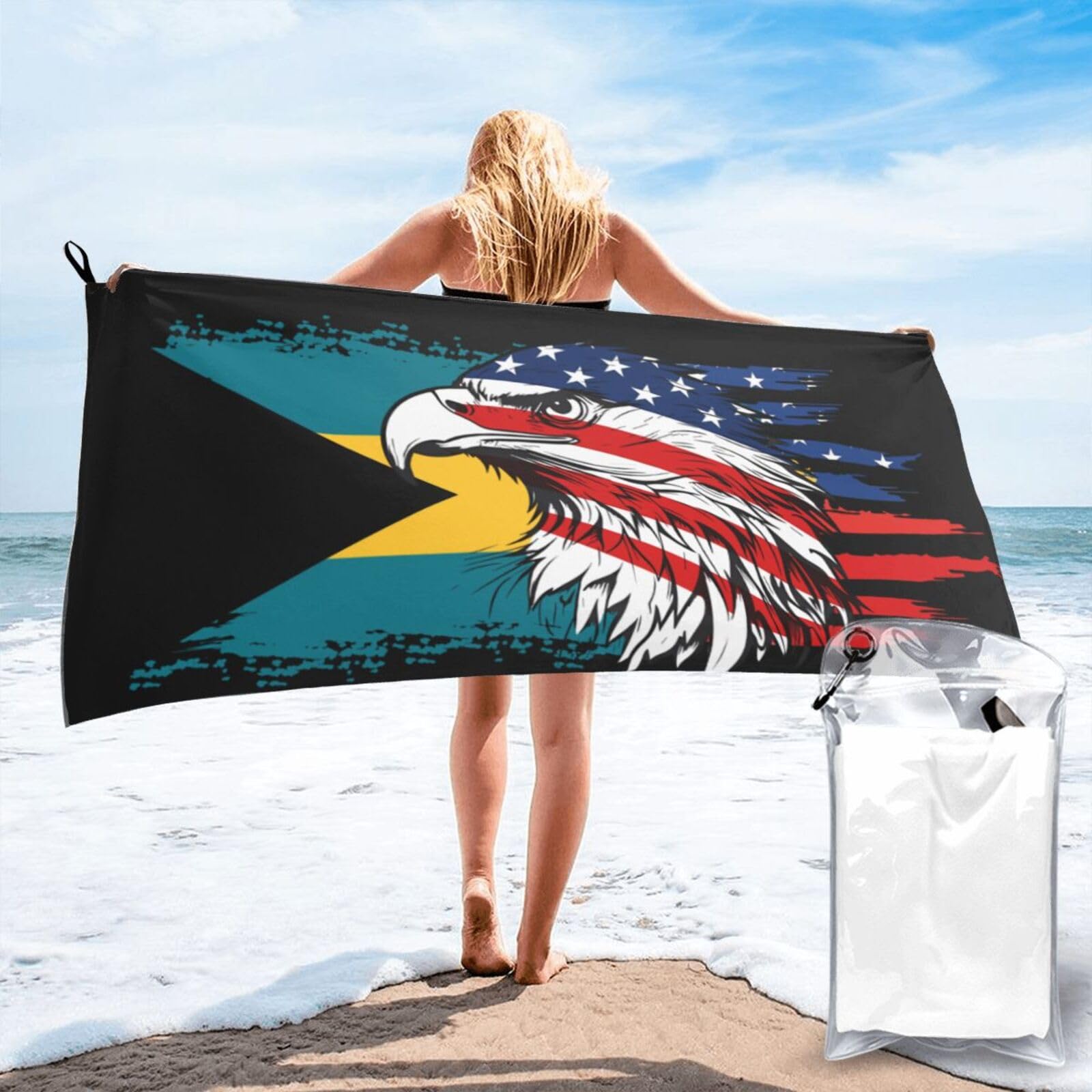 HACXZ America Flag and Bahamas Flag Microfiber Beach Towel Lightweight Absorbent Travel Pool for Men Women 31.5"X63"